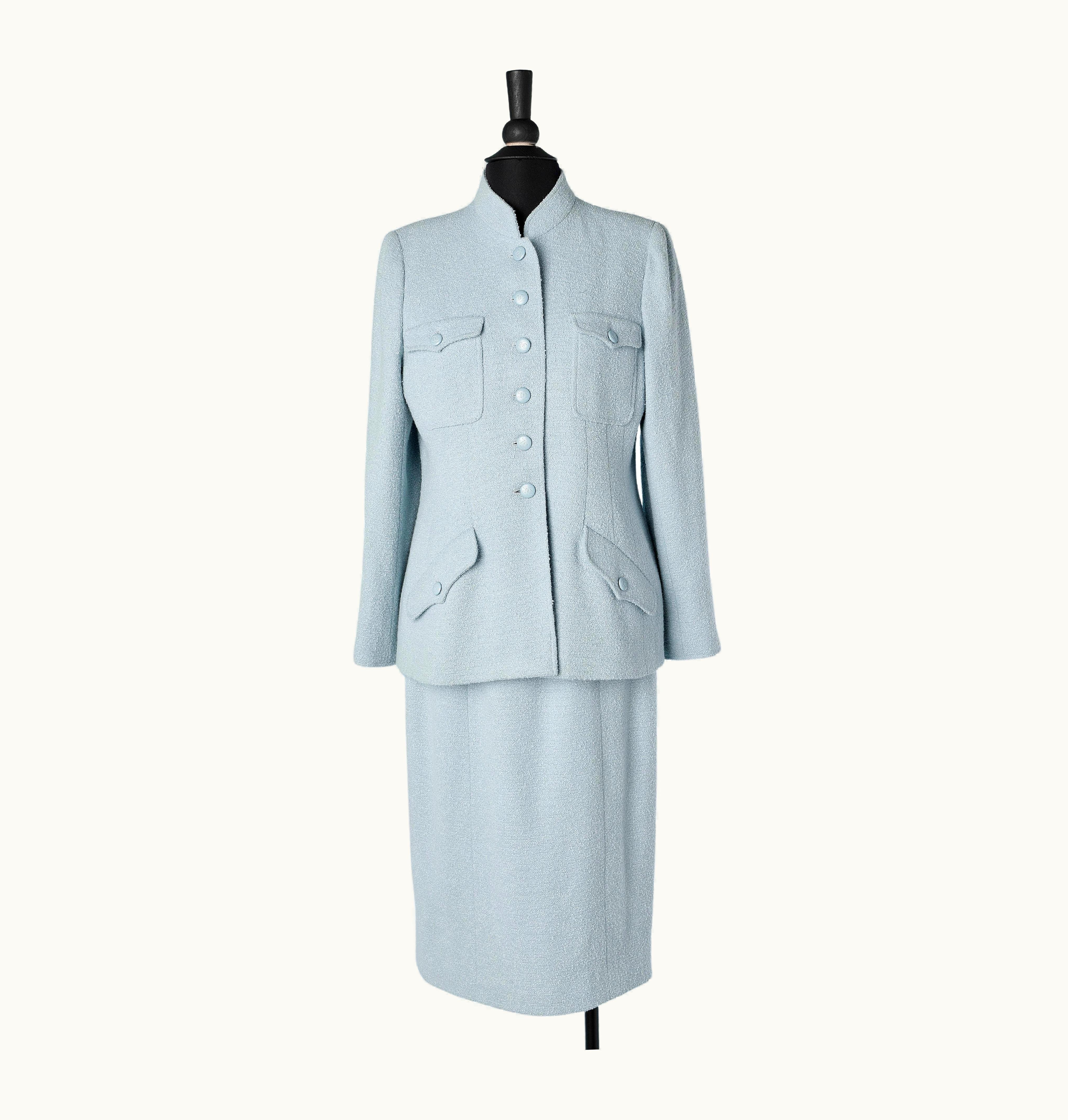 Chanel Pale Blue Wool Bouclette Skirt Suit With Branded Buttons Chanel Boutique