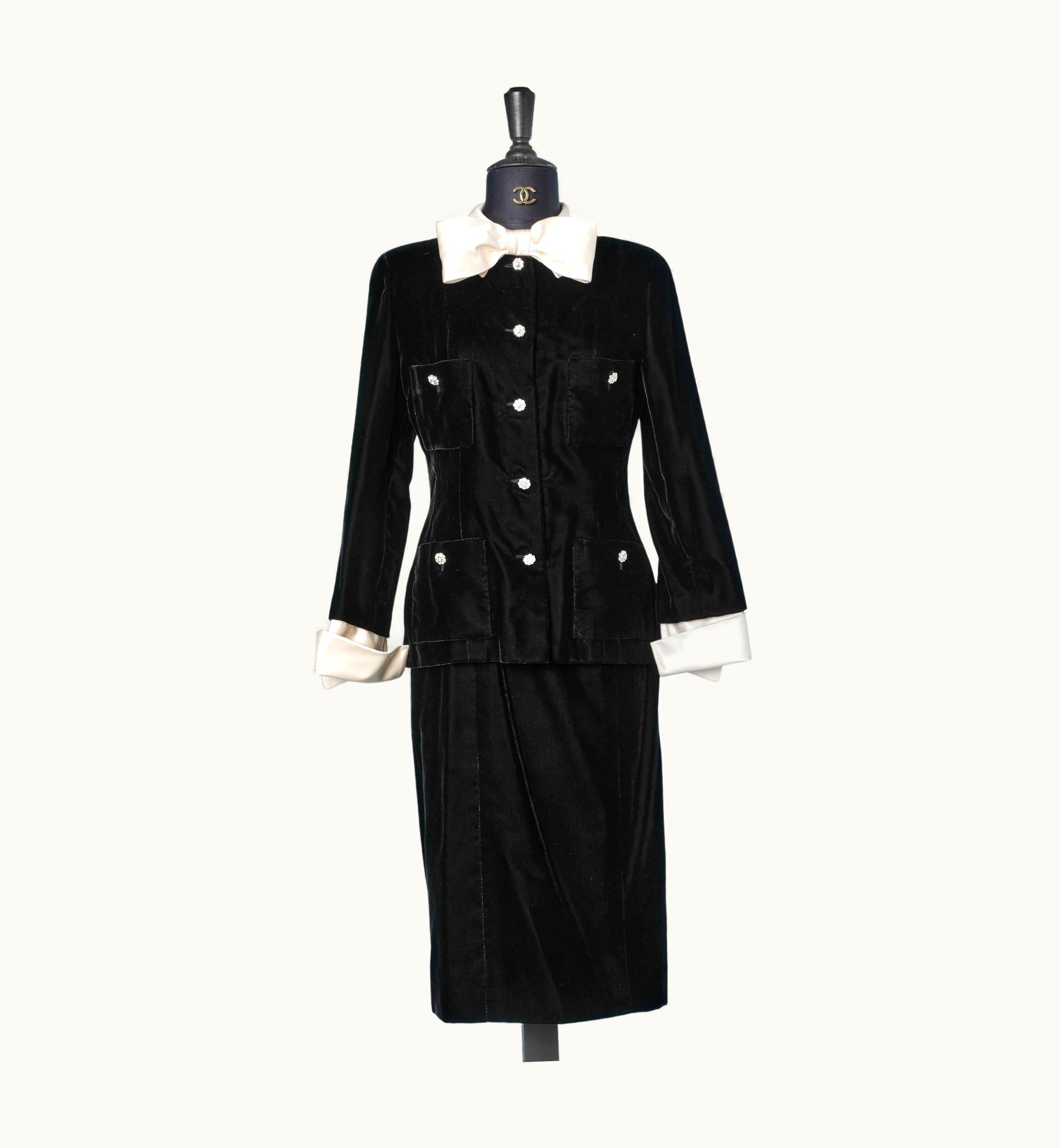 Chanel Black Velvet Skirt-suit With Ivory Silk Collar And Cuff Chanel Boutique