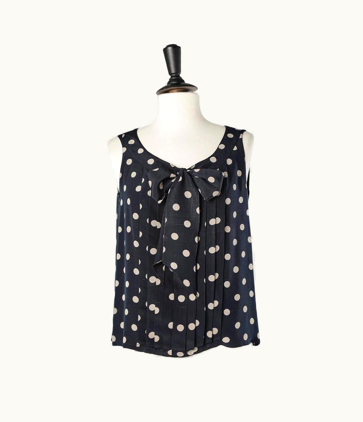 Chanel Sleeveless Silk Polka-dots Top With Bow And Buttons In The Back Chanel Boutique