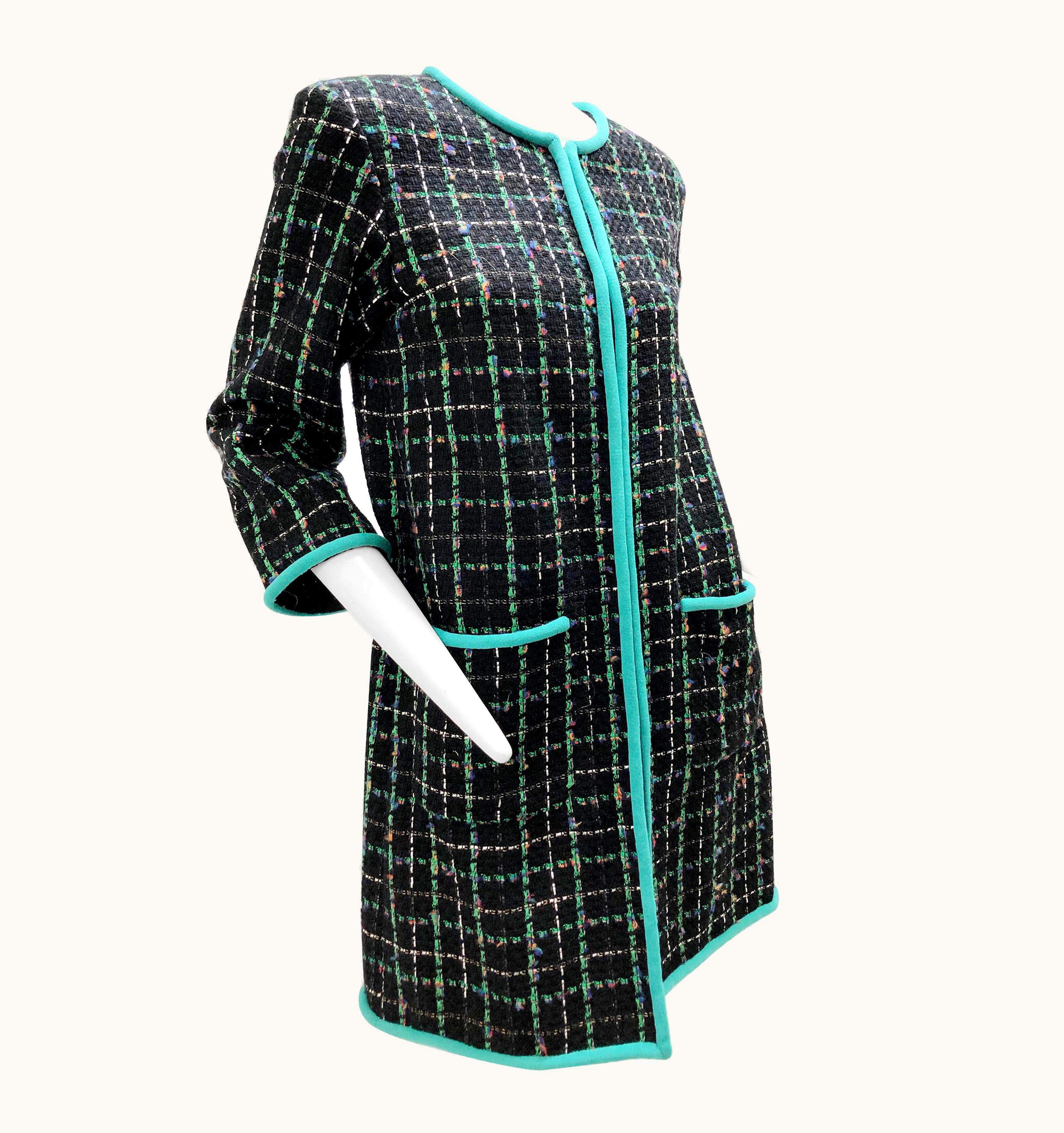 Chanel Chanel Black Fantasy Tweed 3/4 Jacket WS/S Turquoise Knit Piping & Cc Logo Buttons