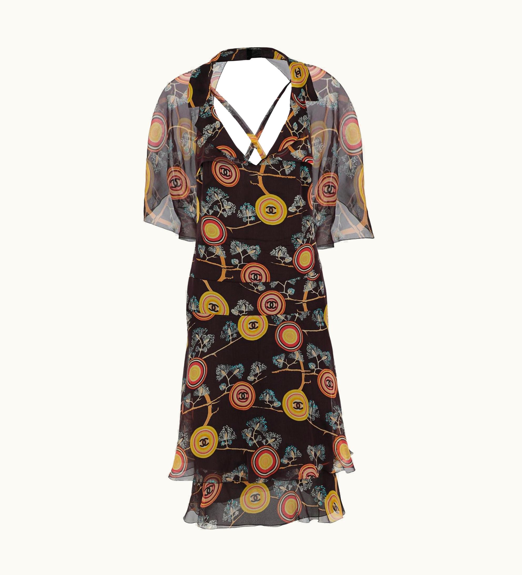 Chanel 2001 Vintage Chanel Silk Chiffon Logo Print Dress
