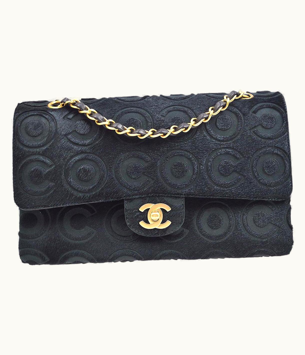 Chanel Chanel Black Coco Logo Gold Double Flap Pony Hair Medium Shoulder Bag