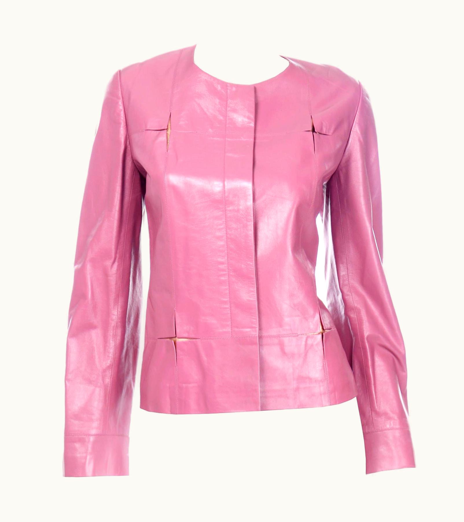 Chanel Chanel 2001 Cruise Pink Collarless Lambskin Leather Jacket W Gold Star Cutouts