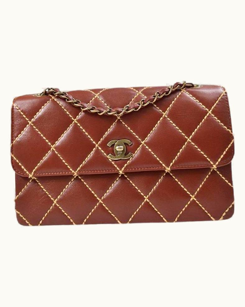 Chanel Chanel Brown Calfskin Leather Stitch Gold Small Evening Shoulder Flap Bag