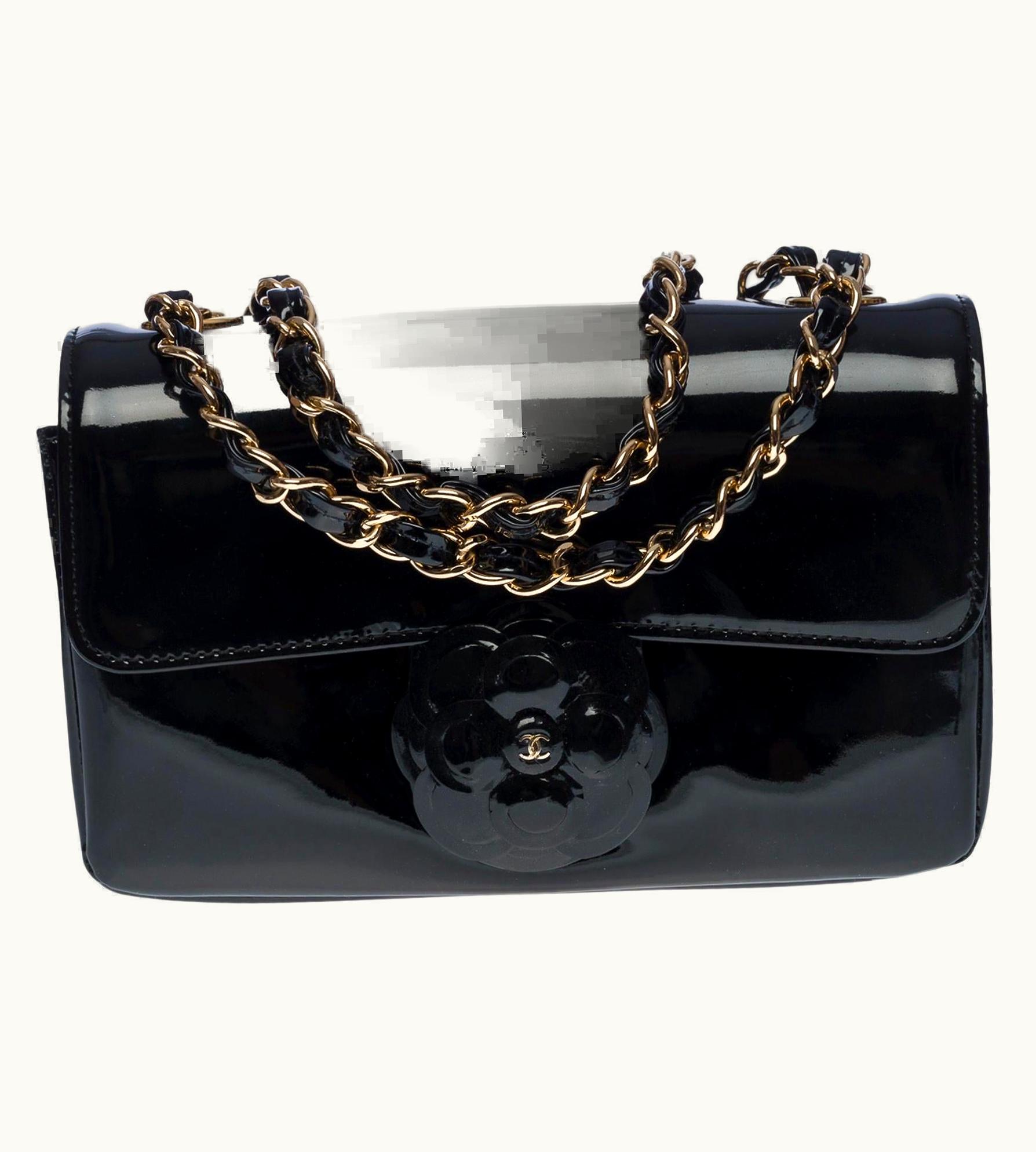 Chanel Rare Chanel Classic Timeless Camellia Mini Flap Bag In Black Patent Leather, Ghw