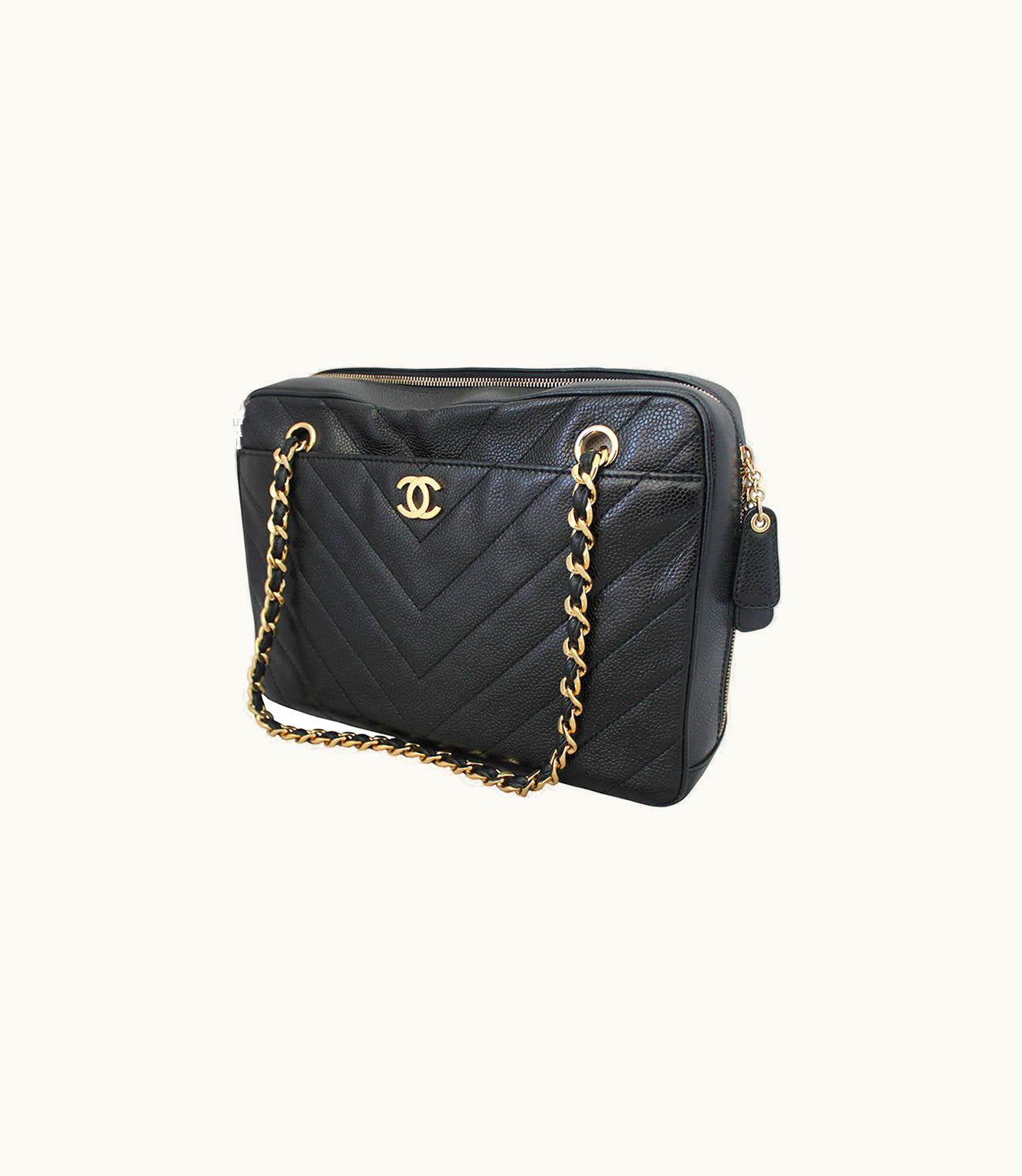Chanel Chanel 2002 Black Caviar Chevron Quilted Camera Case Bag