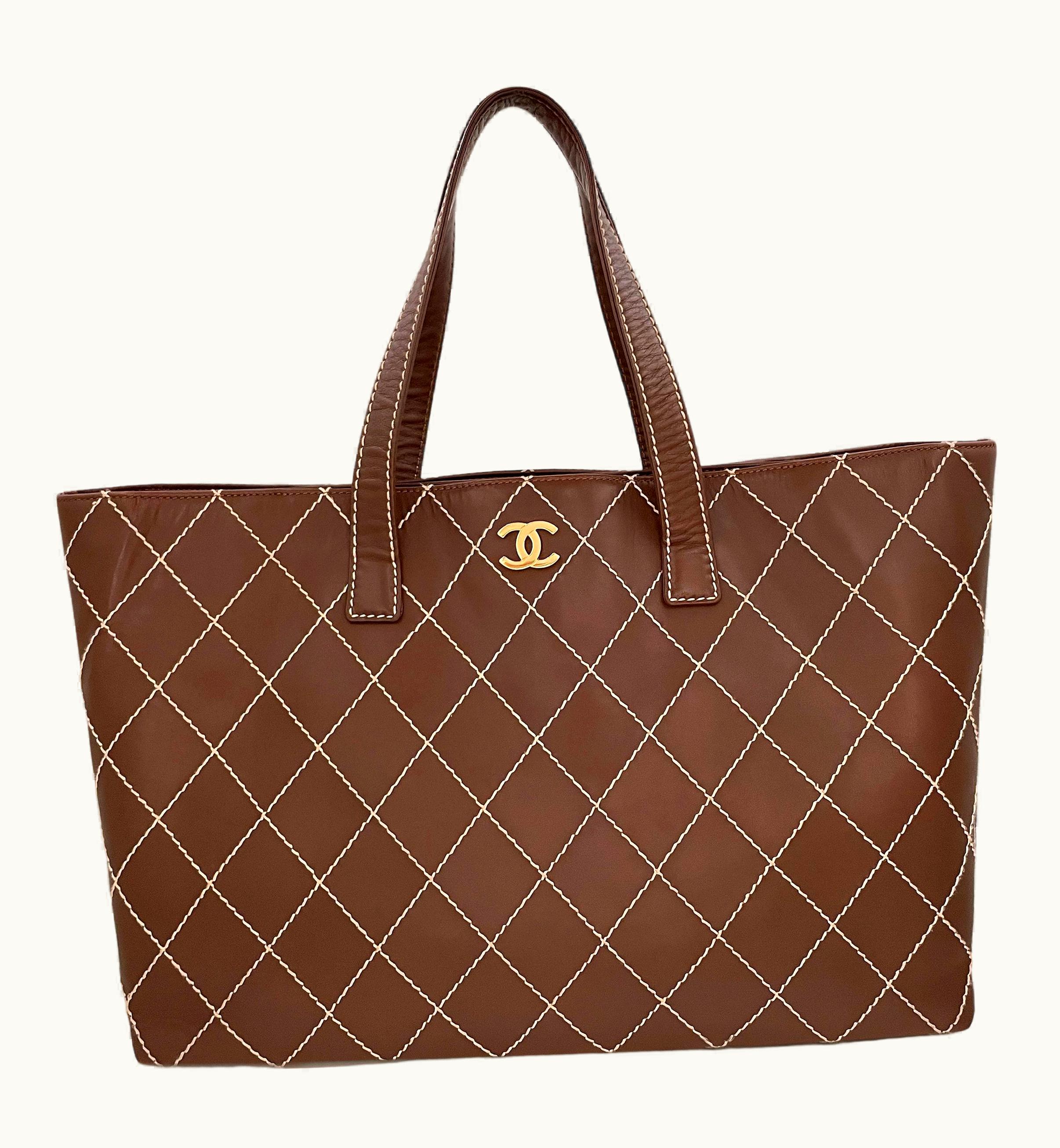 Chanel Chanel 2002 Vintage Large Brown Wild Stitch Contrast Shopper Tote Bag Ghw