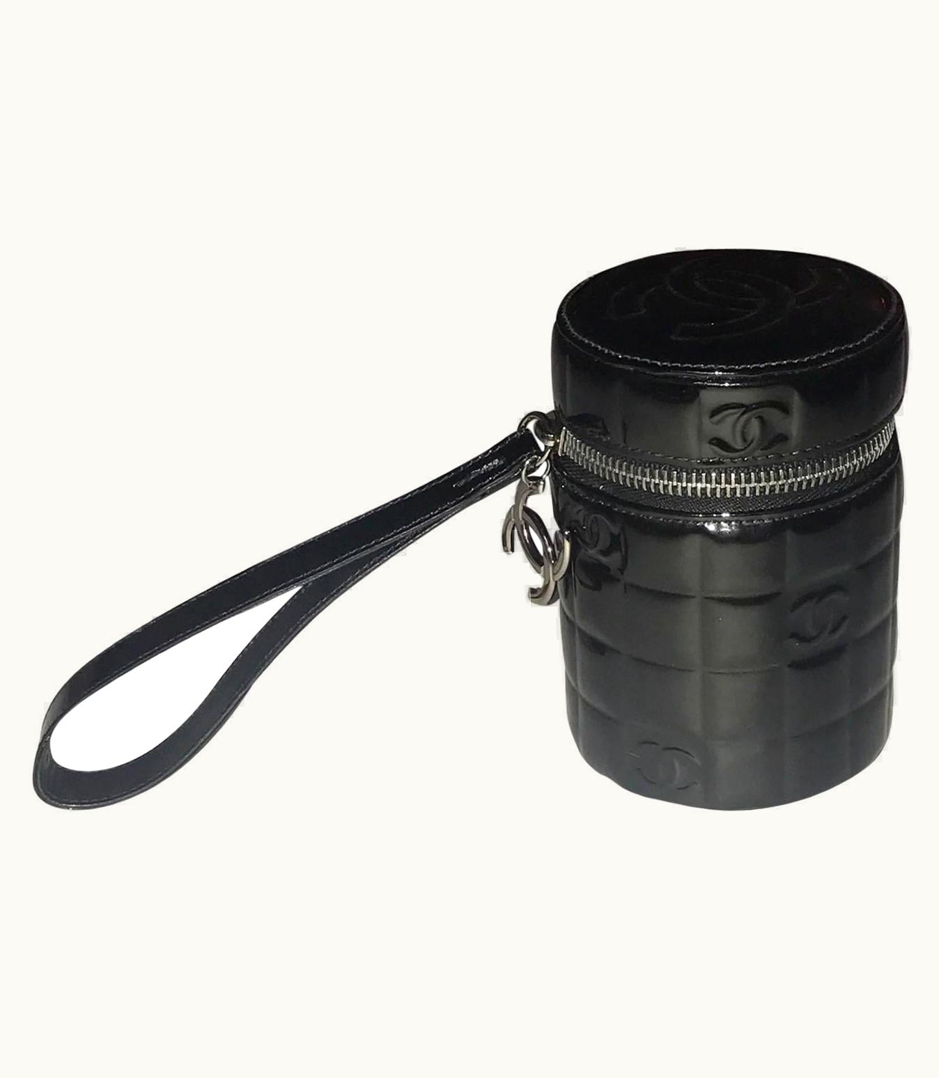 Chanel Chanel Black Patent Leather Quilted Cc Logo Cylinder Canister Wristlet Clutch