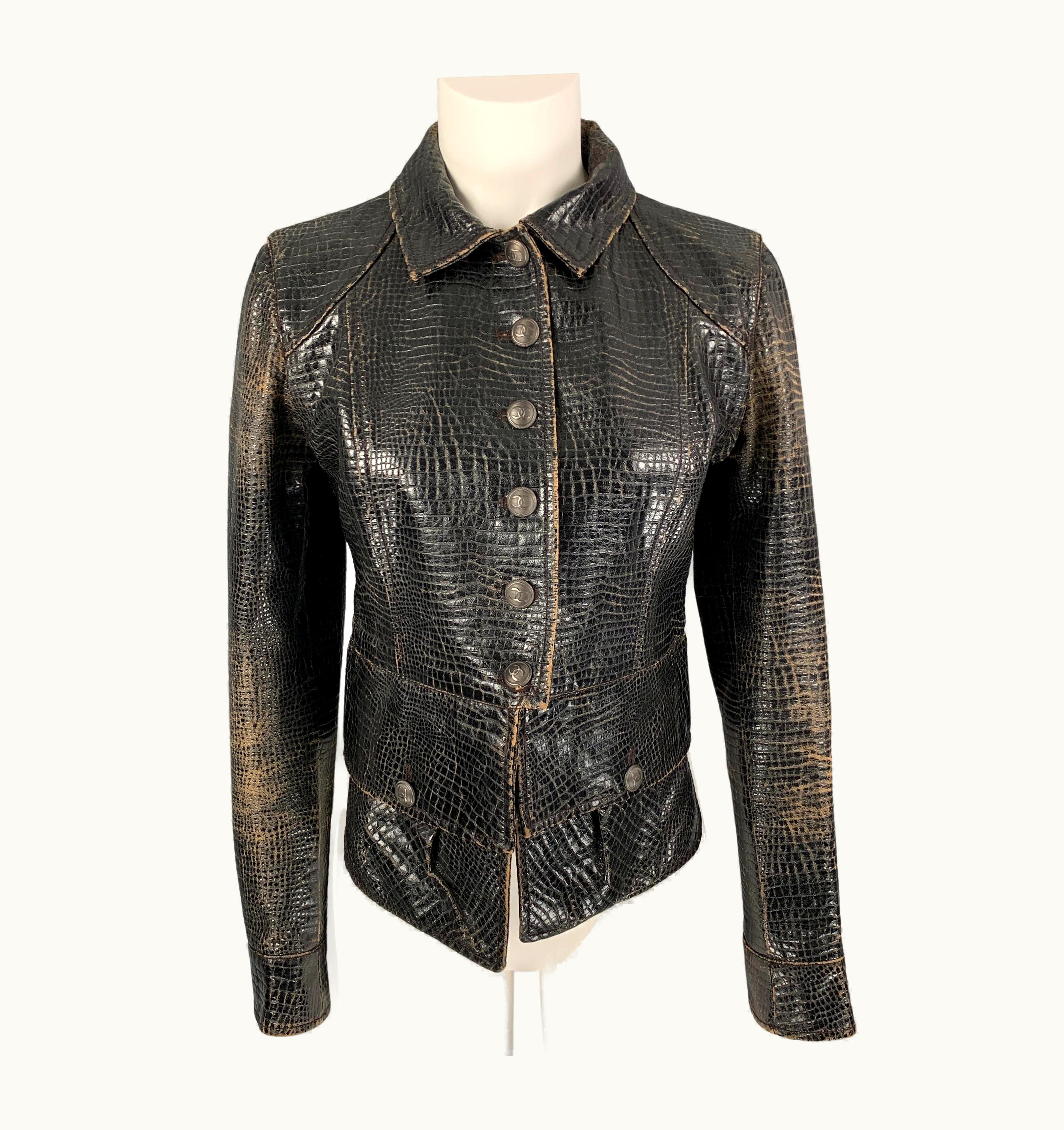 Chanel Chanel 2003 Black Distressed Embossed Biker Jacket