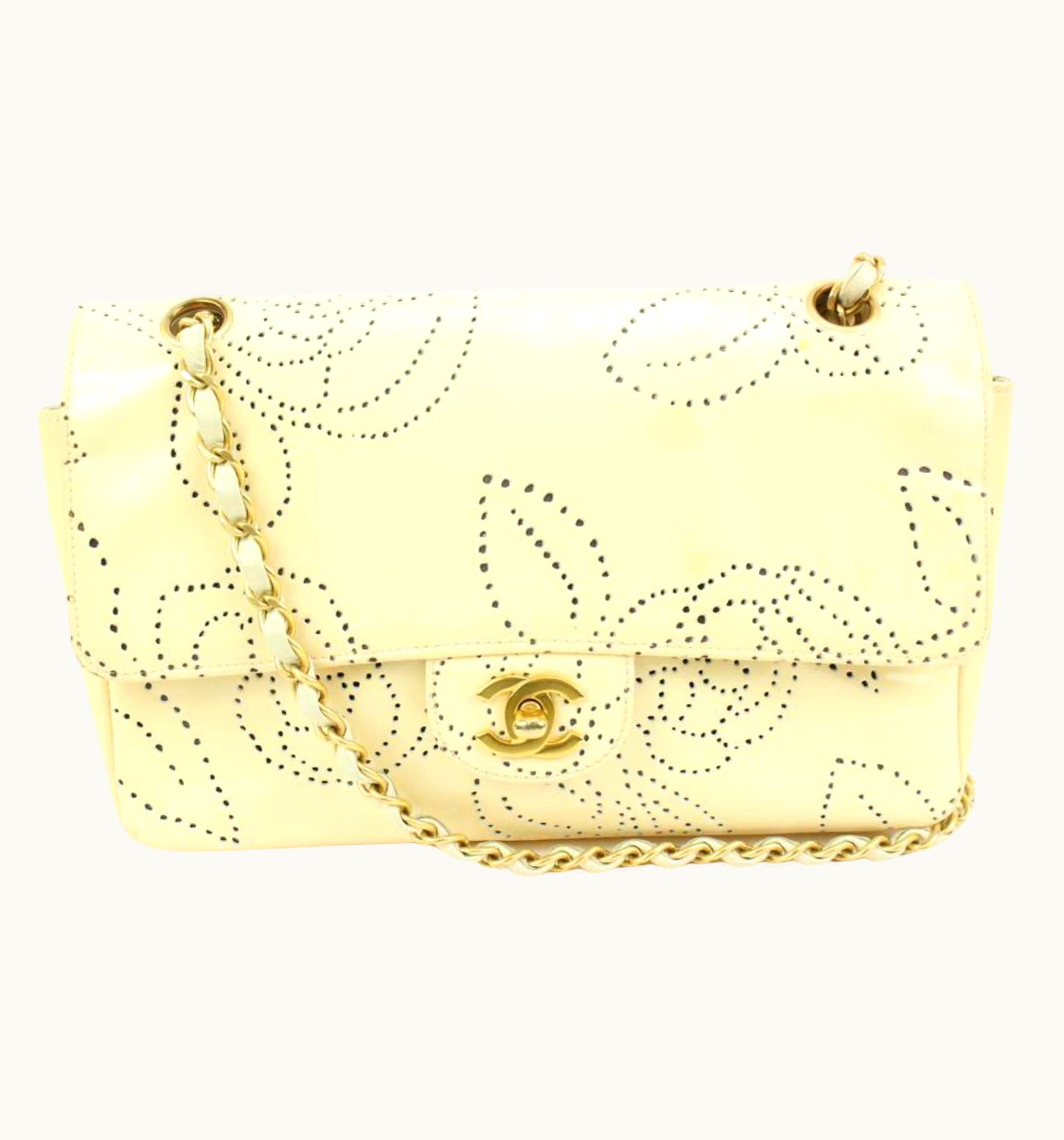 Chanel Chanel 2003 Cream Camelia Perforated Patent Medium Classic Flap Ghw 2ck119
