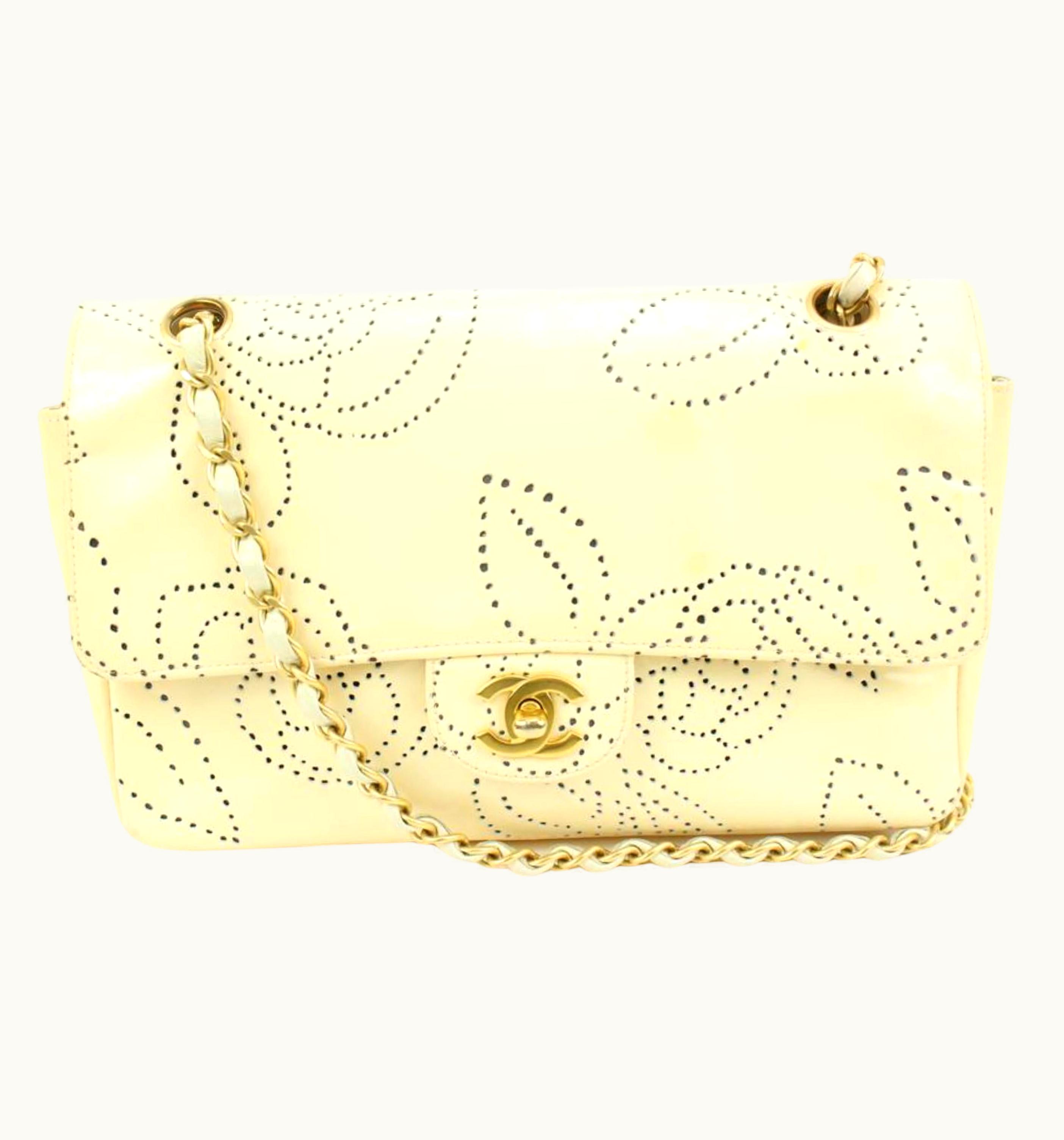 Chanel Chanel 2003 Cream Camelia Perforated Patent Medium Classic Flap Ghw Fl41ck73