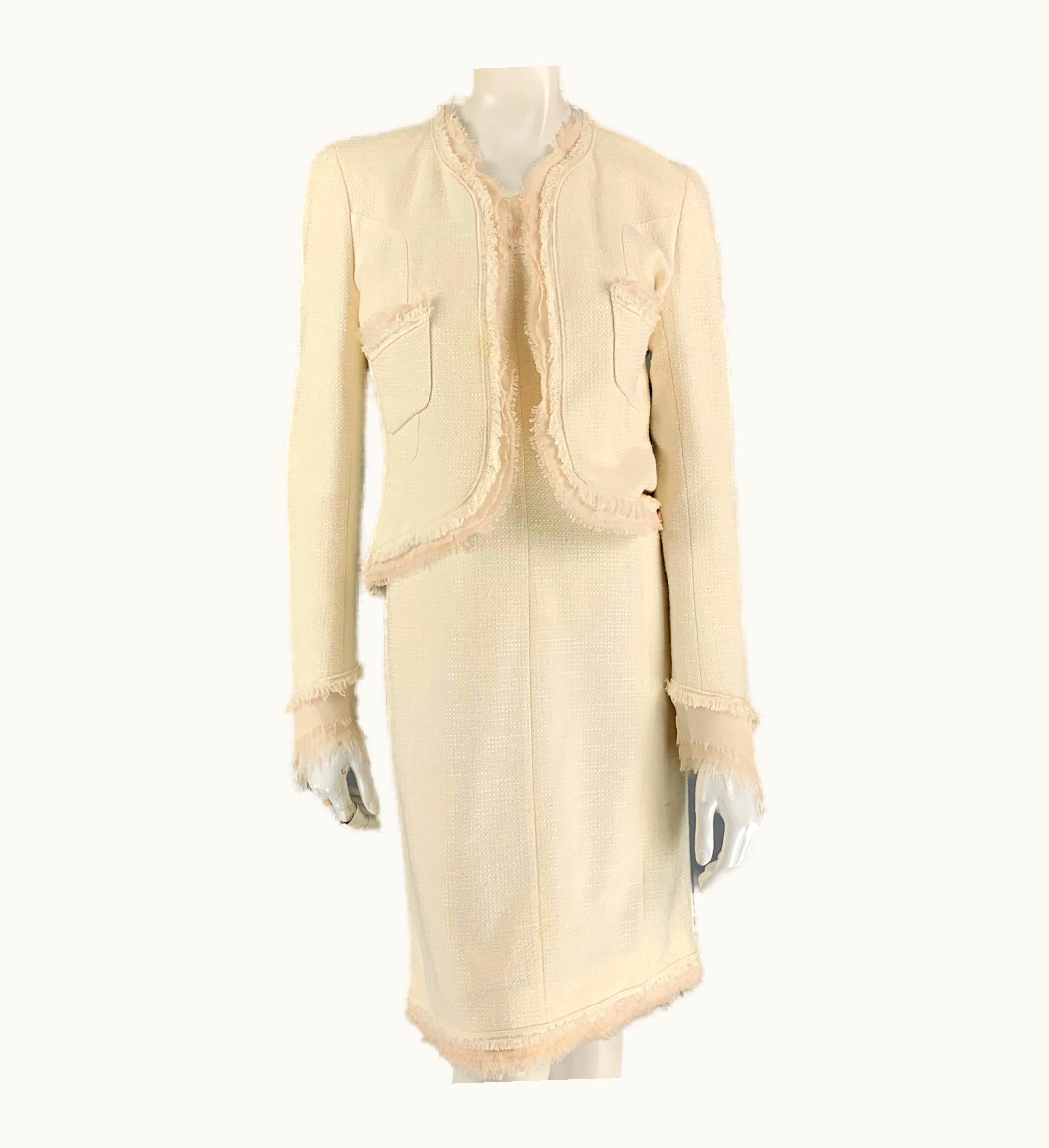 Chanel Chanel 2004 Cream Raw Edge Cotton S/S Acetate Mixed Fabrics Dress Set