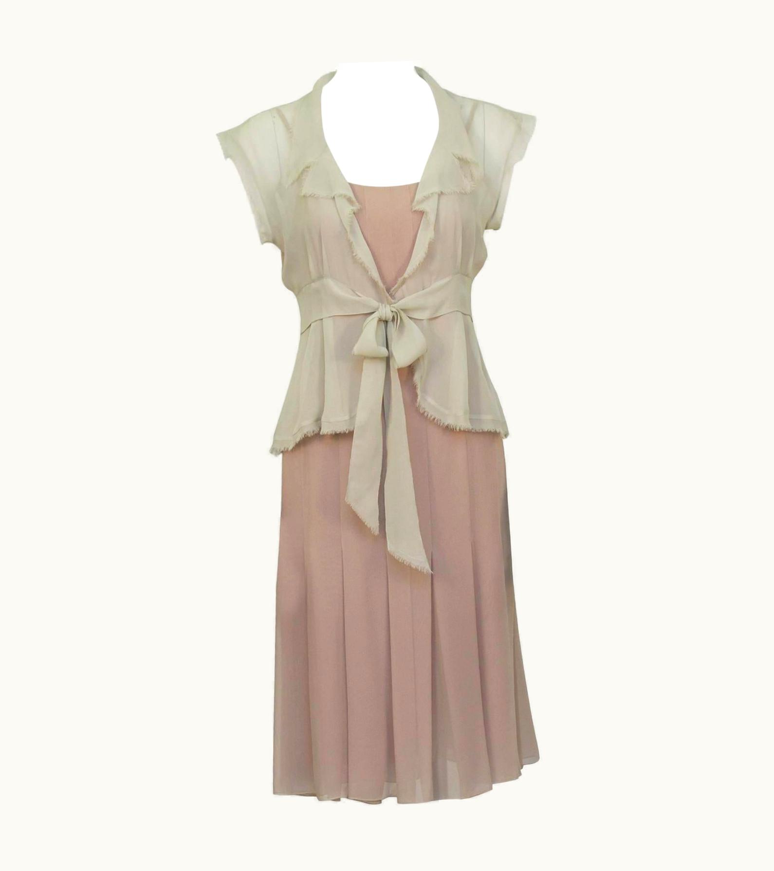 Chanel Chanel 2004 Spring Celadon And Beige Chiffon Dress And Vest