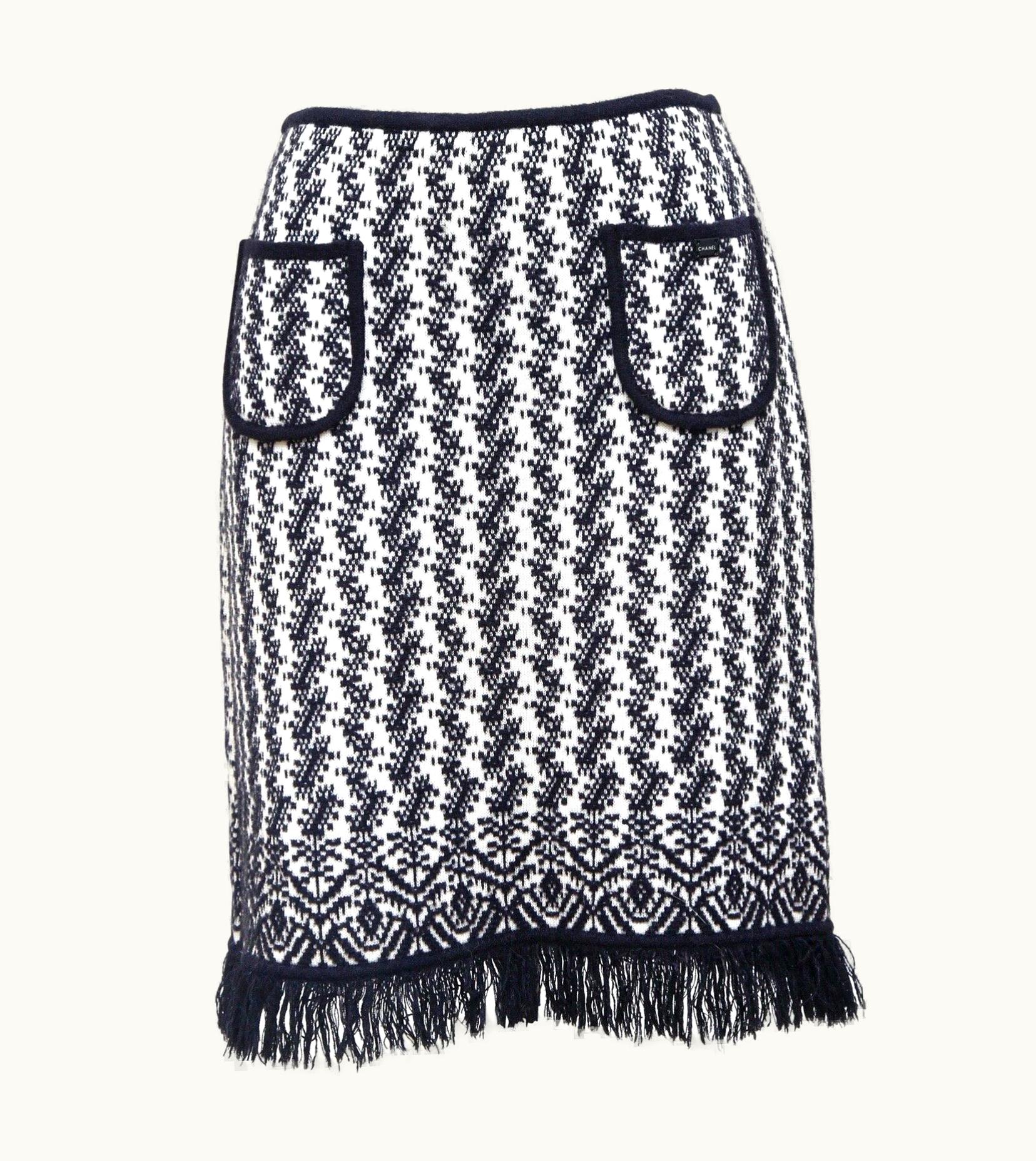 Chanel Chanel Skirt Black Knit Sweater White Print Wool Blend Fringe