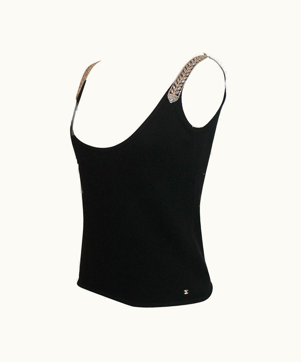 Chanel Chanel 2004 Black Cashmere Tank With Rhinestone Straps