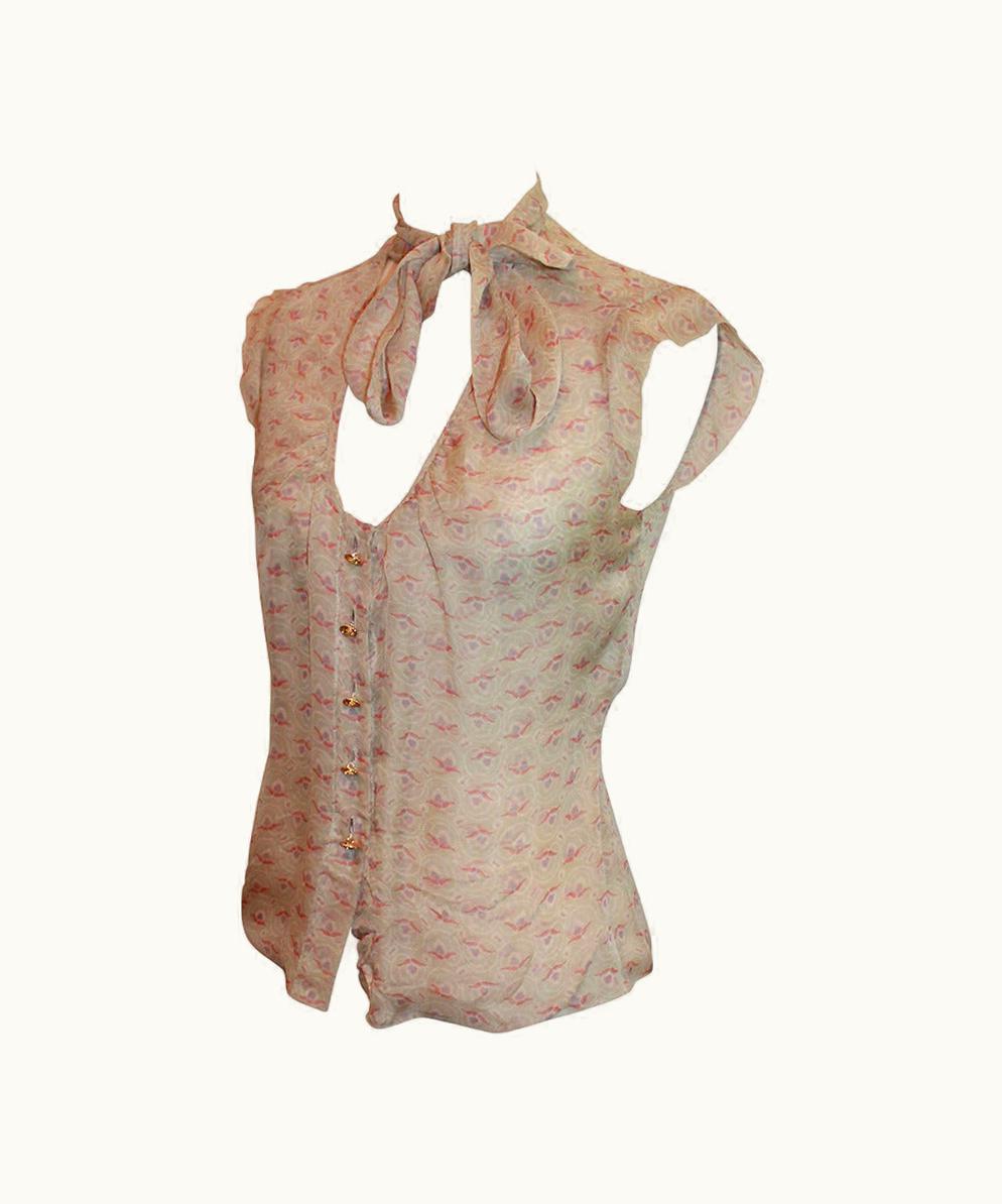 Chanel Chanel 2004 Beige Printed Sleeveless Top With Neckties