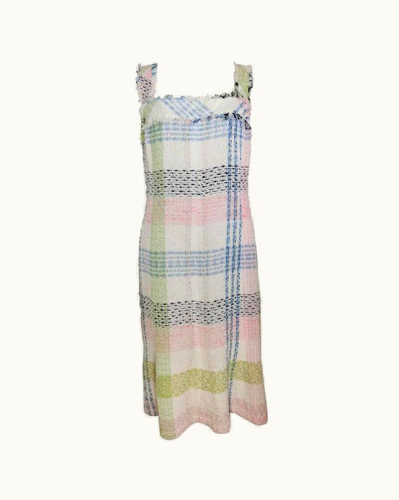 Chanel Chanel White Multicolour Plaid Tweed Fringe Sleeves Shift Dress