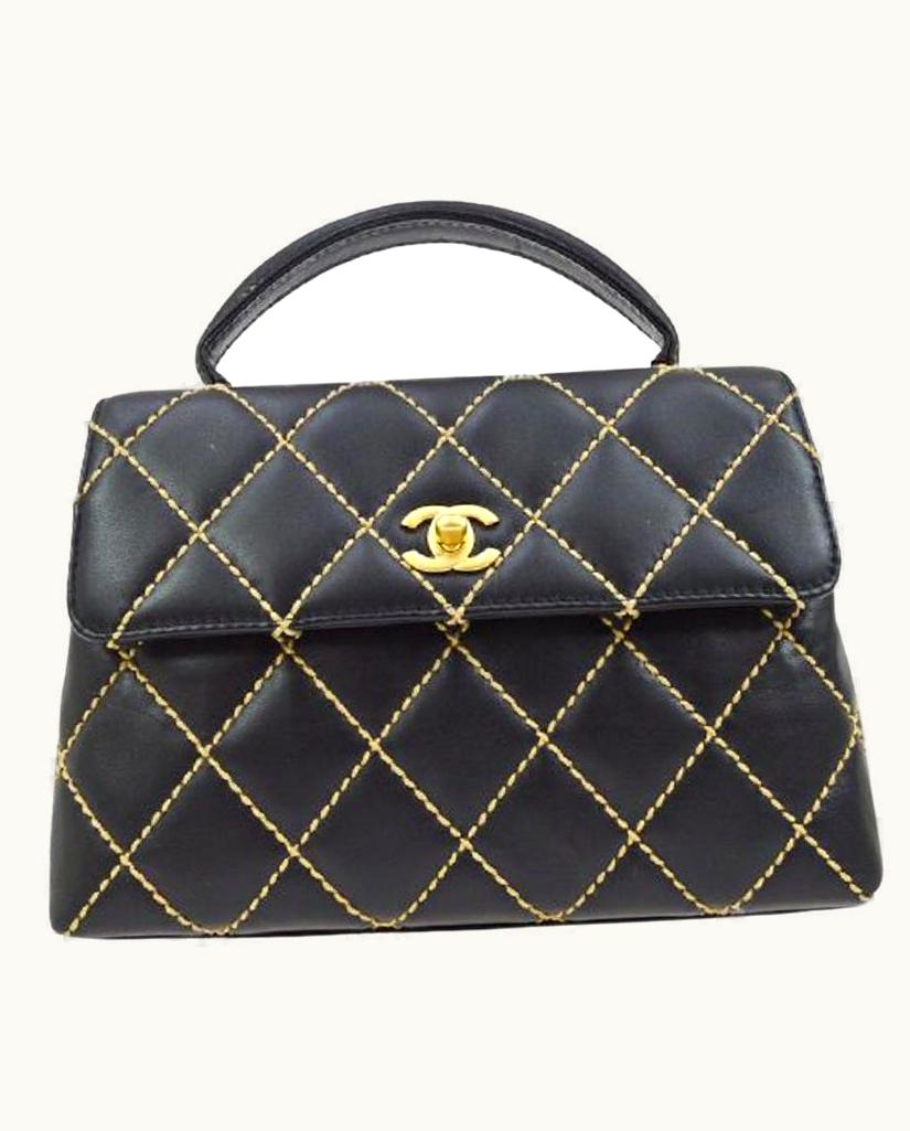 Chanel Chanel Black Yellow Stitch Lambskin Gold Evening Kelly Top Handle Flap Bag