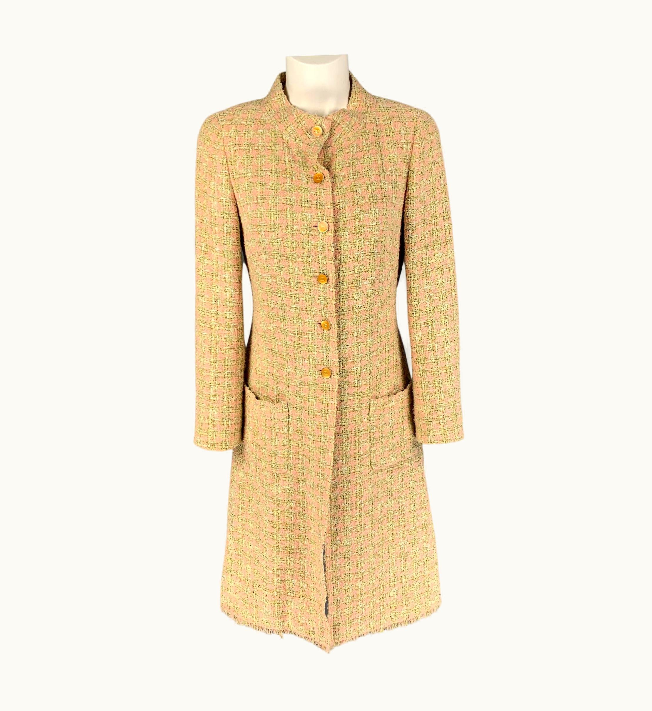 Chanel Chanel 2005 Pink Light Green Pink Boucle Cotton Blend Houndstooth Coat