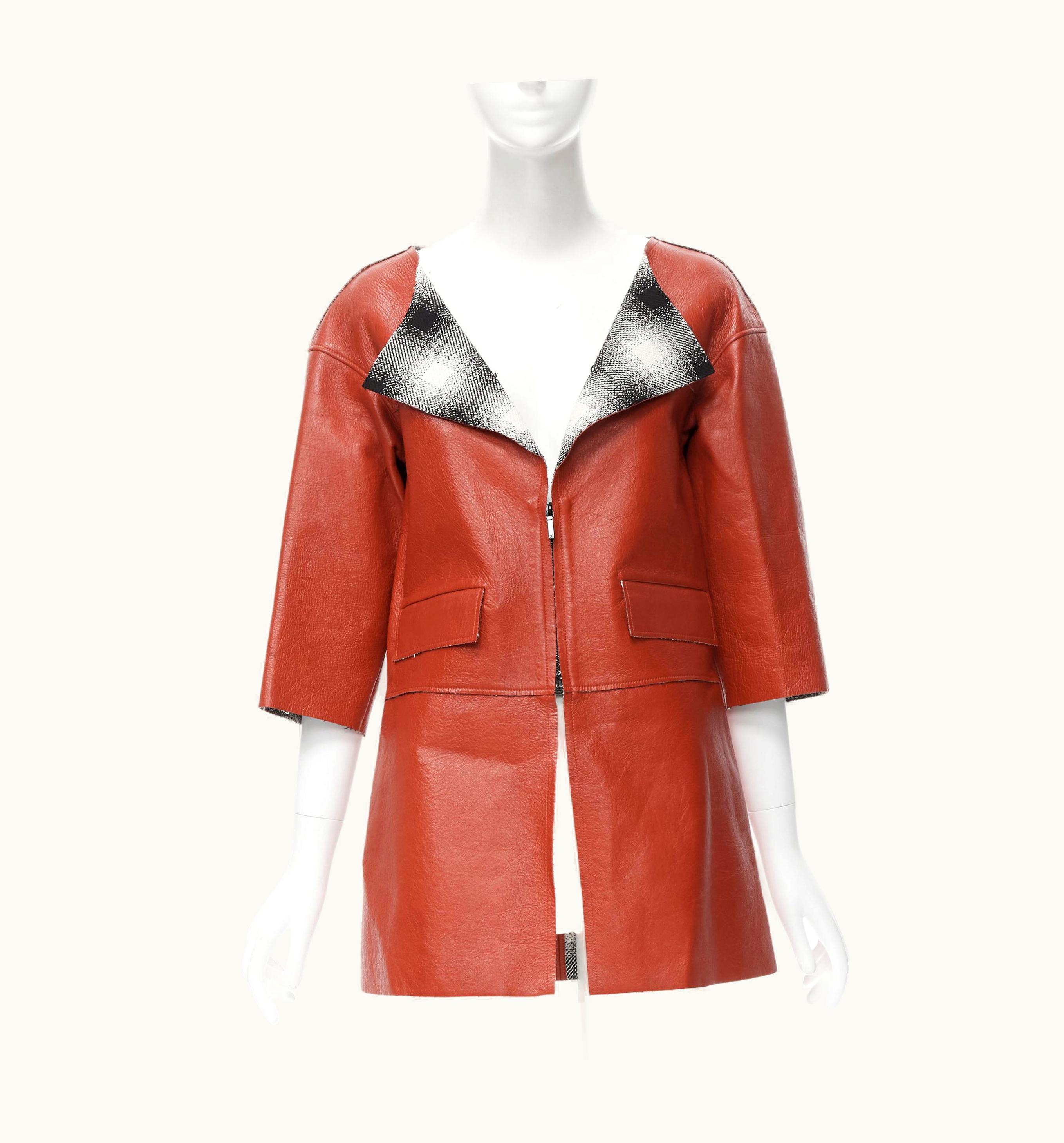 Chanel Chanel 2005 Red Leather Lambskin Plaid Check Lined Cocoon Coat UZ0593490