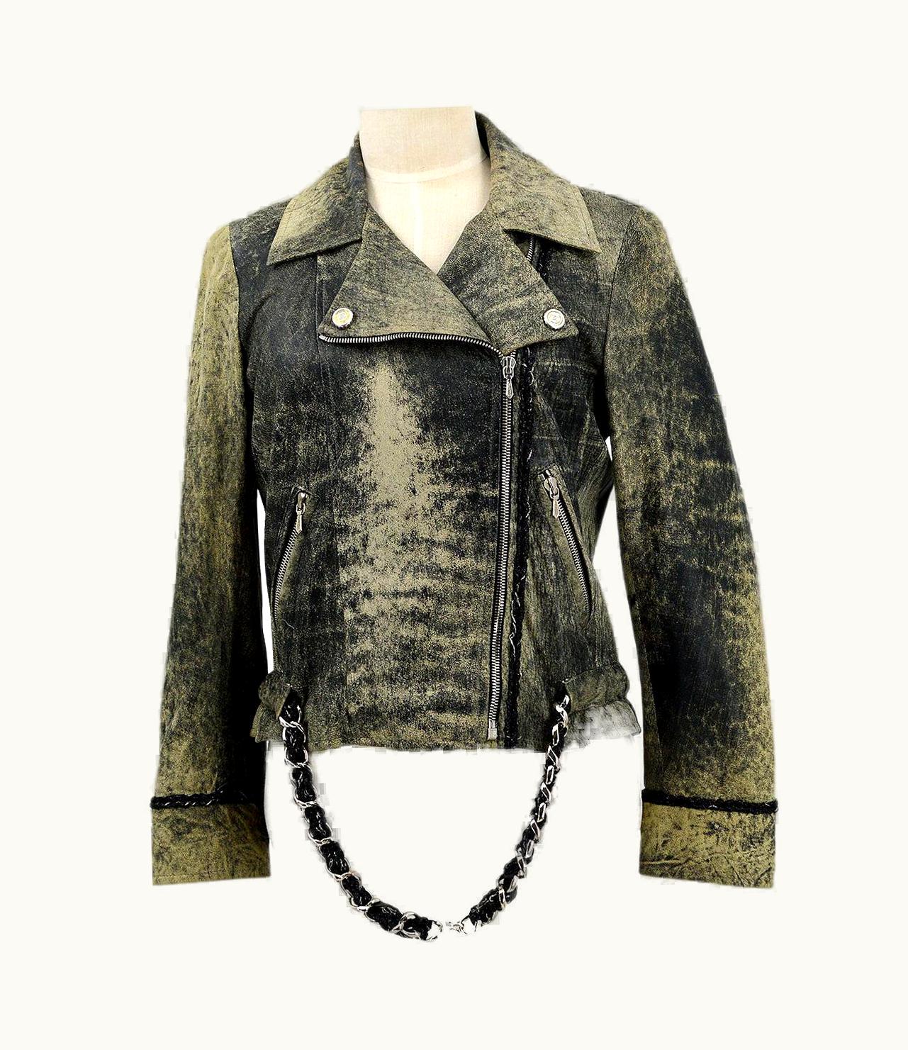 Chanel Chanel Vintage Stone Wash Lambskin Leather Biker Moto Chain Jacket