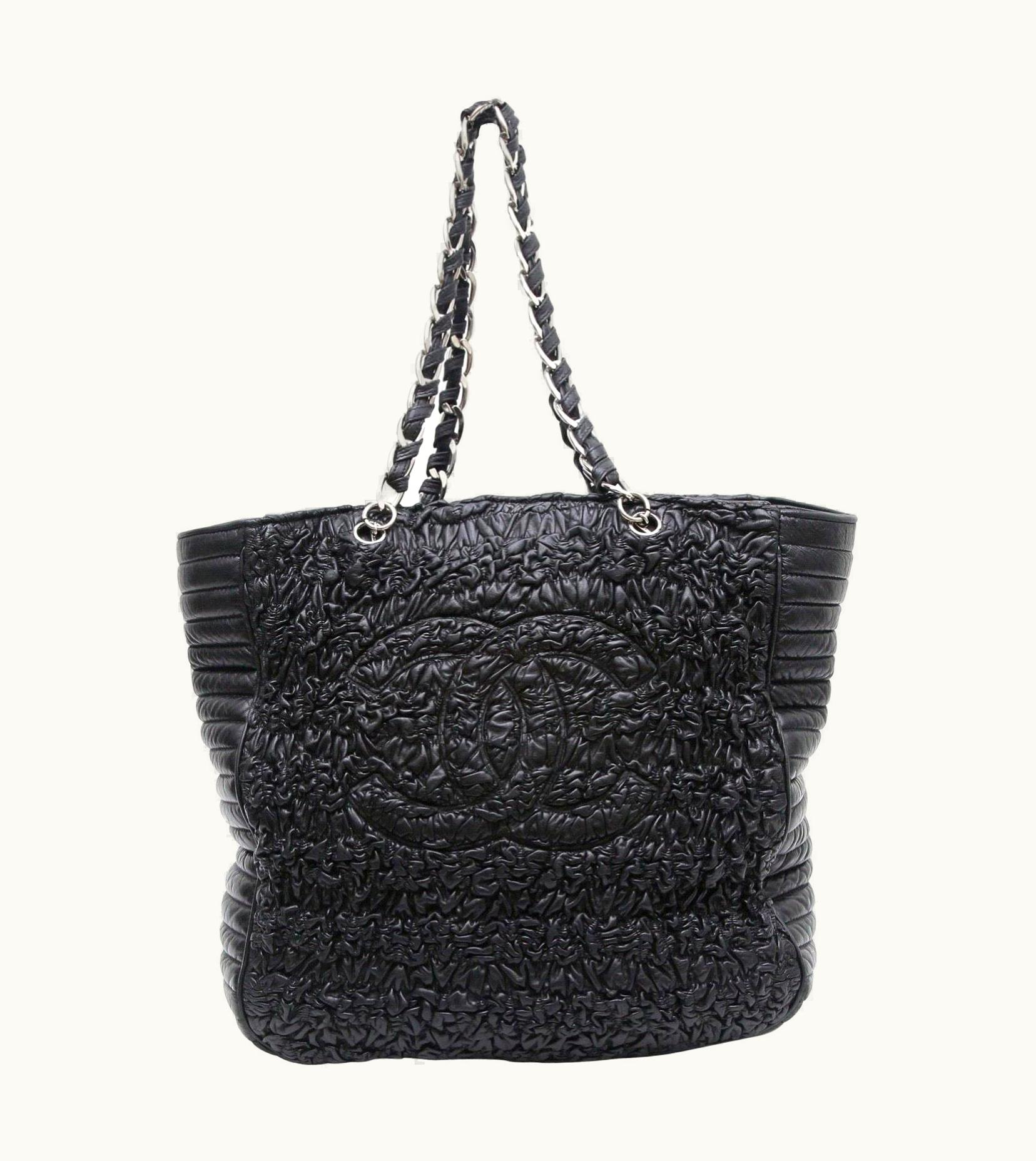 Chanel Chanel Black Lambskin Leather Tote Bag Large Silver Chain Ruched Ltd Edition