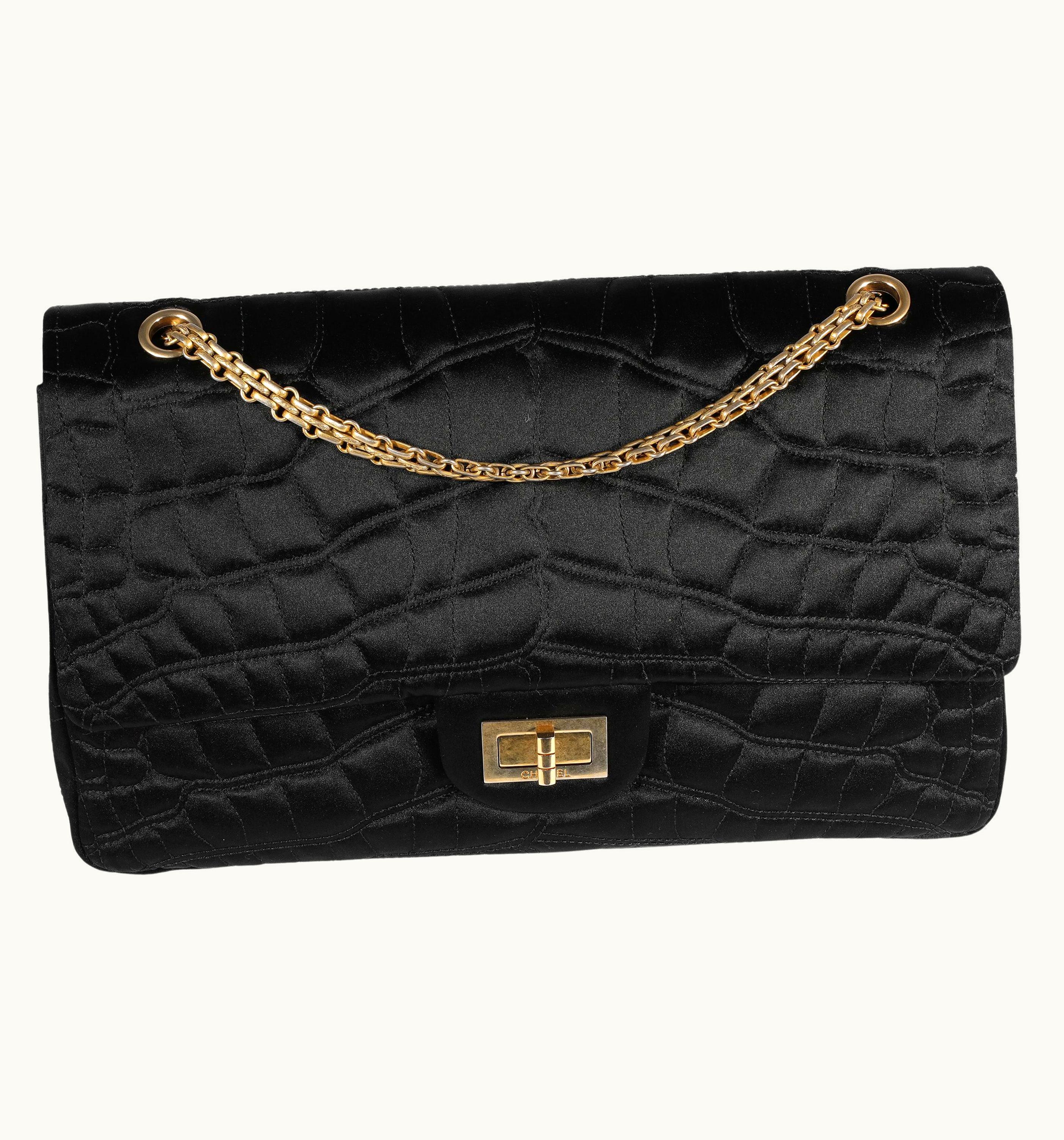 Chanel Chanel Reissue 2.55 227 Double Flap Bag in Black Crocodile Stitch Satin - Pre-owned