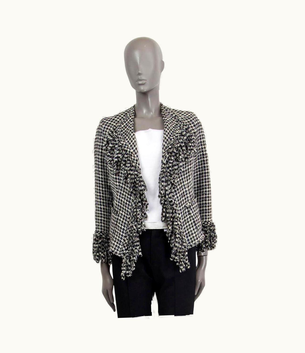 Chanel Chanel Black & White Silk 2007 07p Houndstooth Tweed Open Jacket