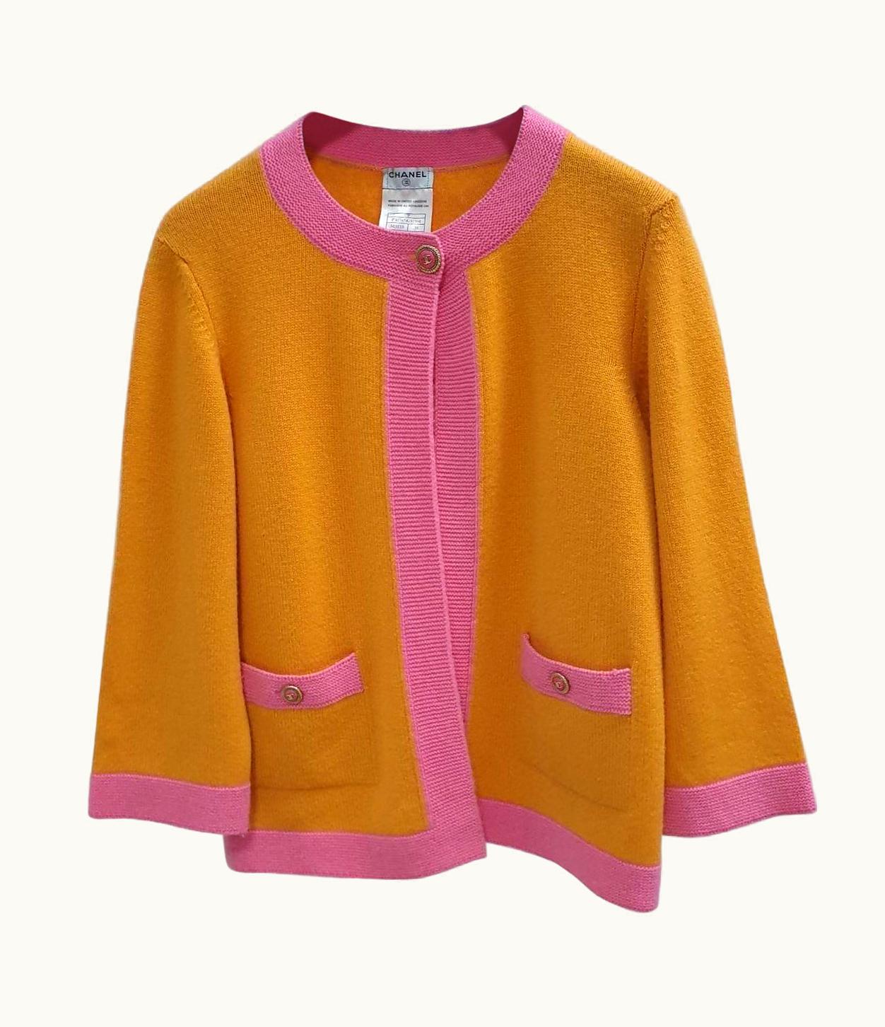 Chanel Chanel Orange Cashmerel Cc Logo Buttons & Pink Trim Cardigan