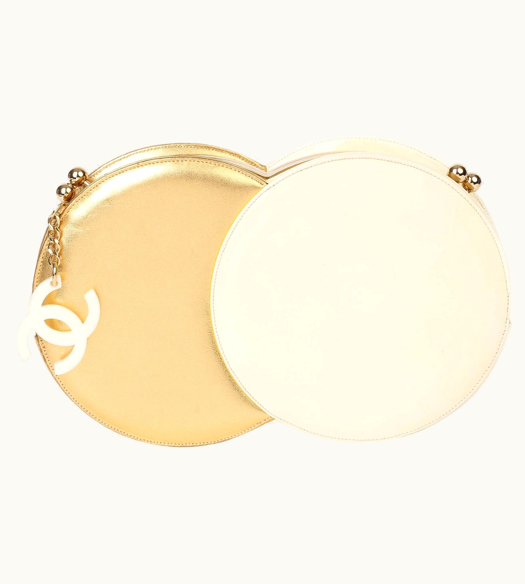 Chanel Chanel Gold Lambskin & Beige Patent Leather Double Circle Clutch