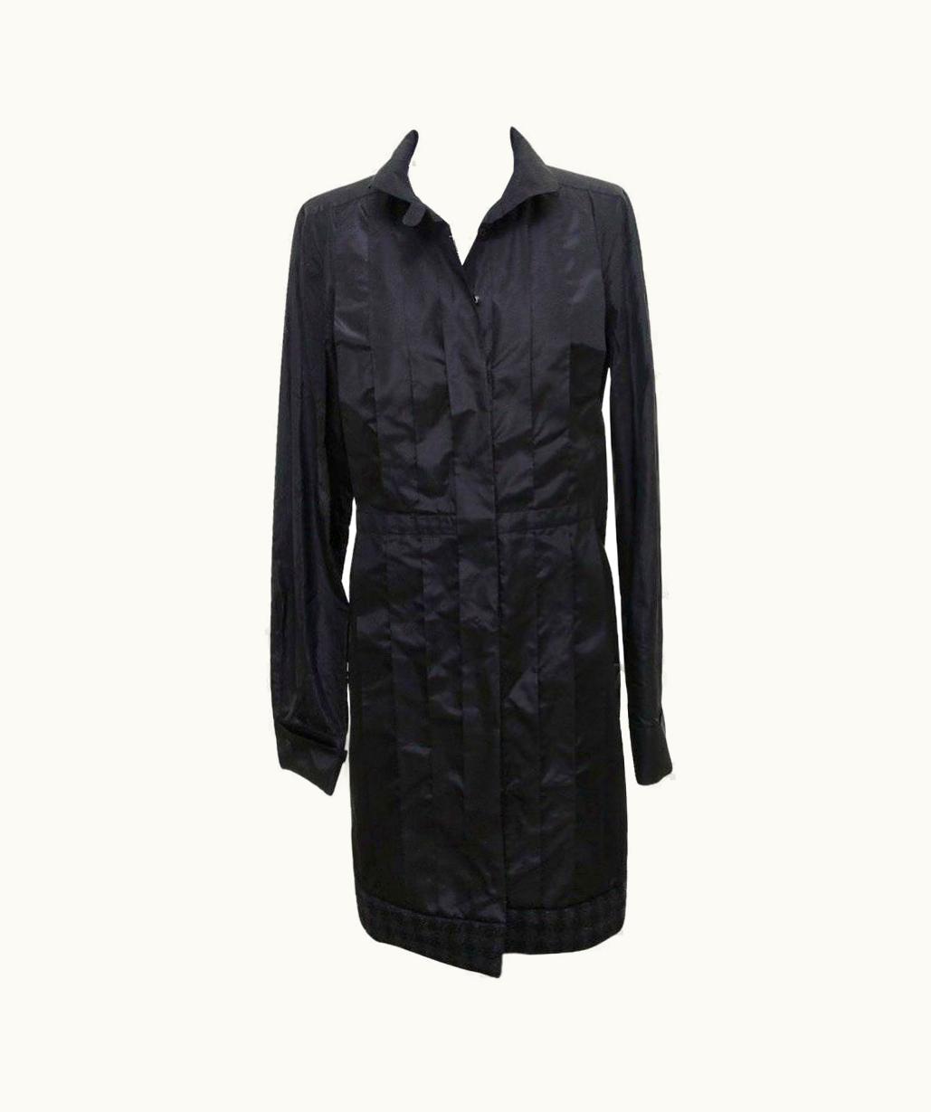 Chanel Chanel 08a 2008 Black Silk Taffeta Coat Dress Cashmere Trim Button Down