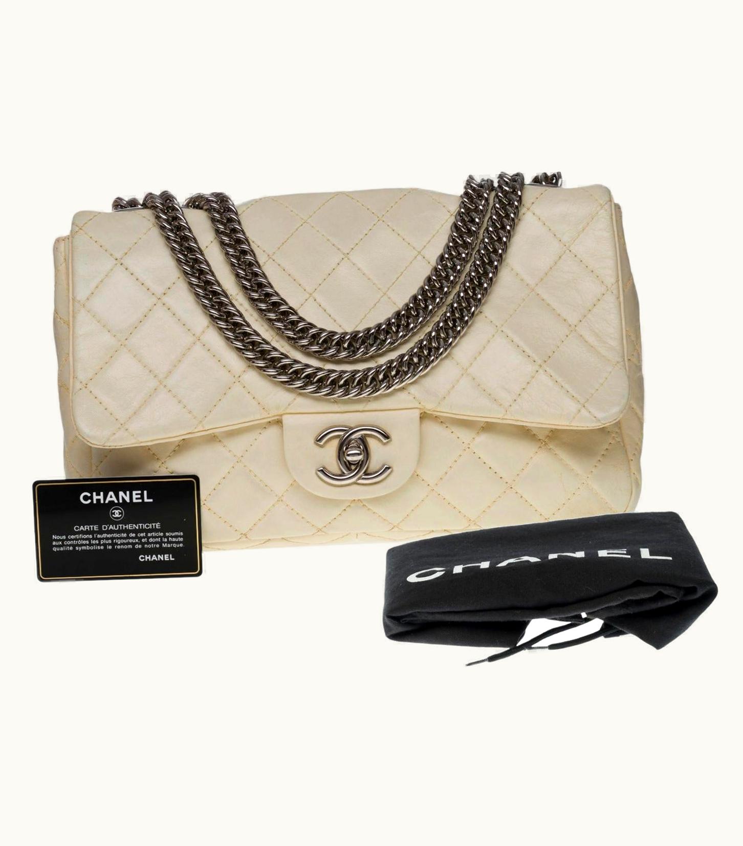 Chanel Chanel Timeless/Classique Jumbo Flap Bag Handbag In Ecru Quilted Lambskin, Shw