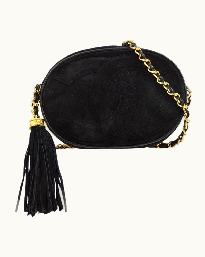 Chanel Chanel Cc Black Suede Oblong Oval Gold Chain Tassel Evening Shoulder Bag