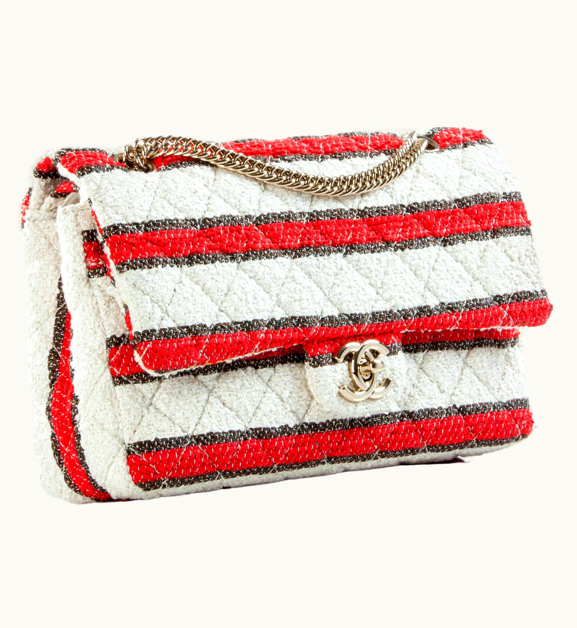 Chanel Chanel Rare 2009 Medium Classic Flap Bag Red White Stripe Tweed Shoulder Bag