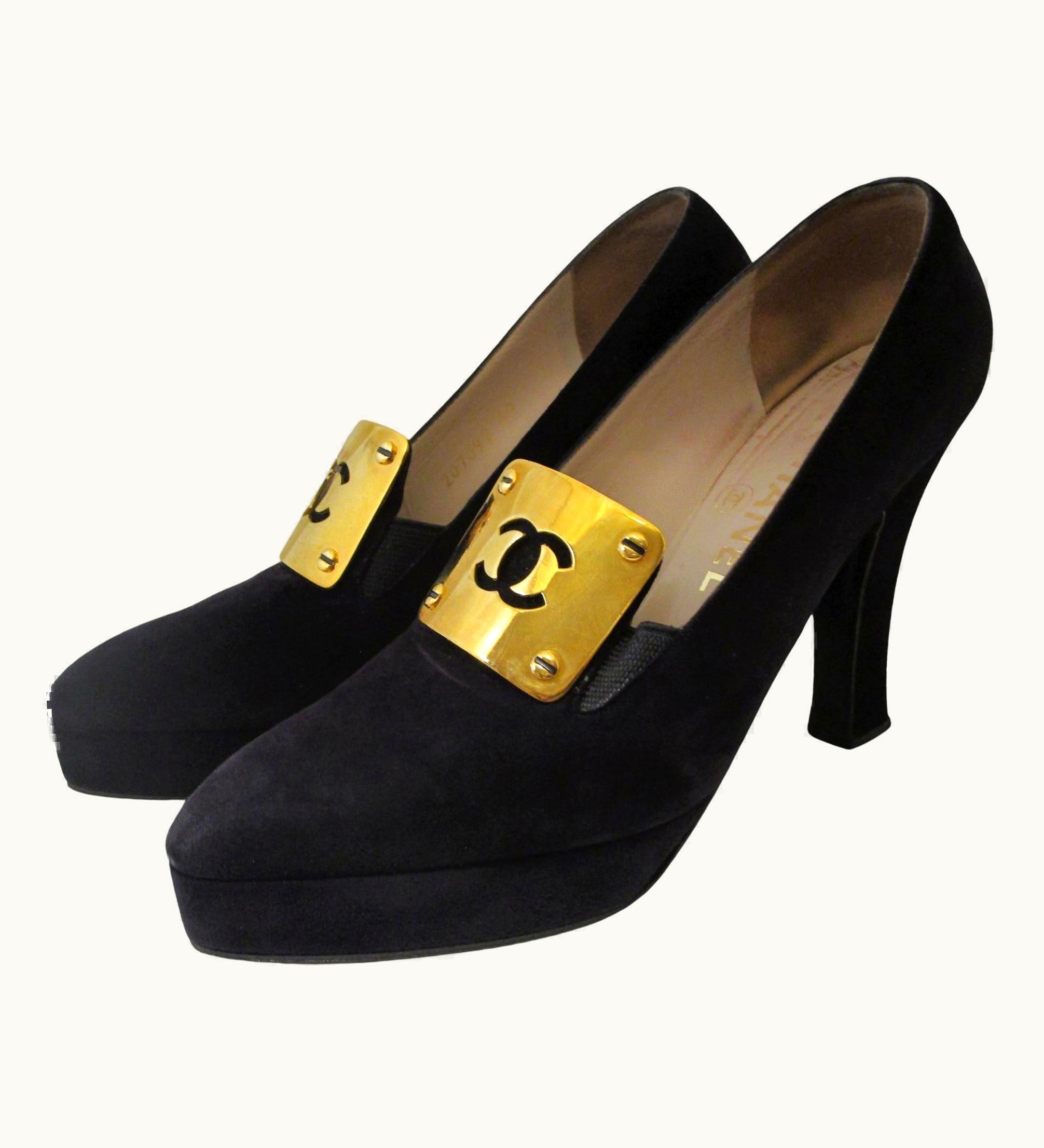 Chanel Chanel Black Suede Evening Heels Shoes Metal Cc Logo