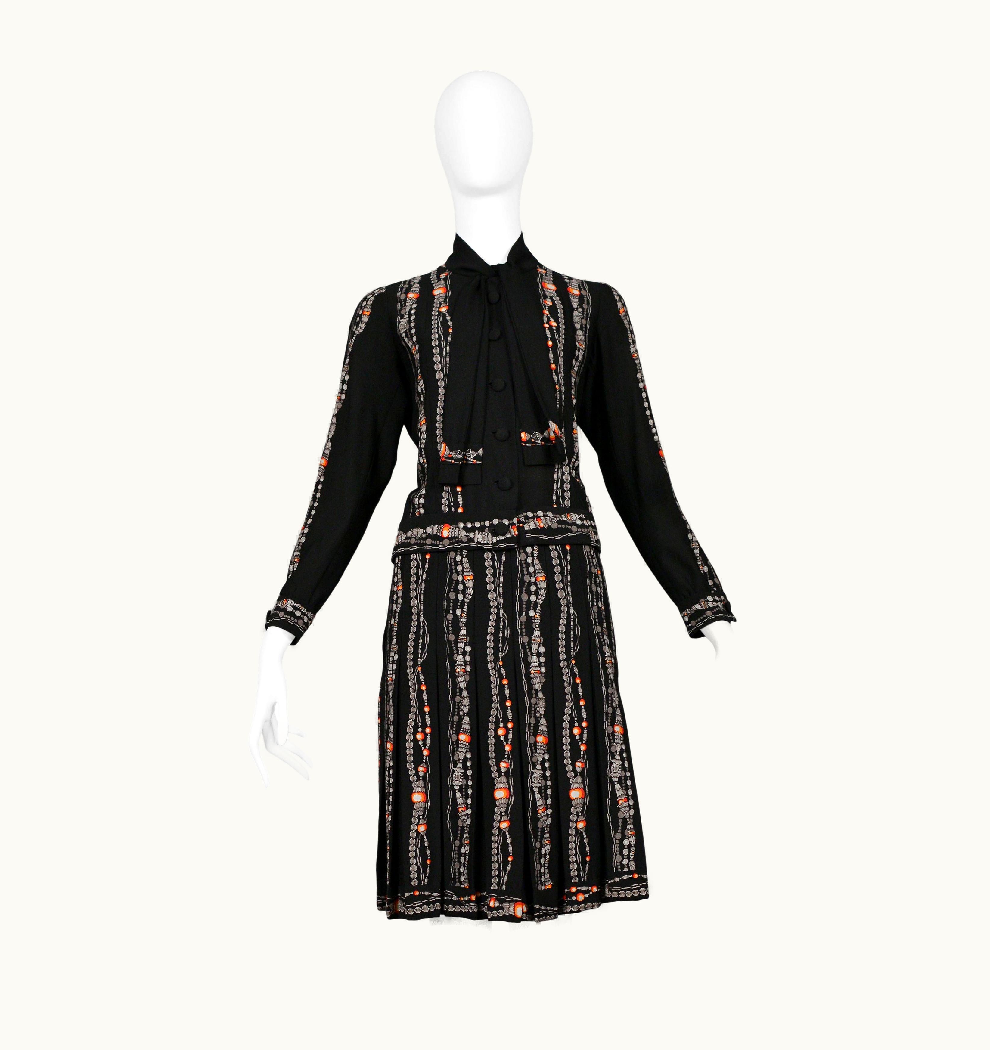 Chanel Chanel Black Skirt Suit With Iconic Bead & Pearl Necklace Print