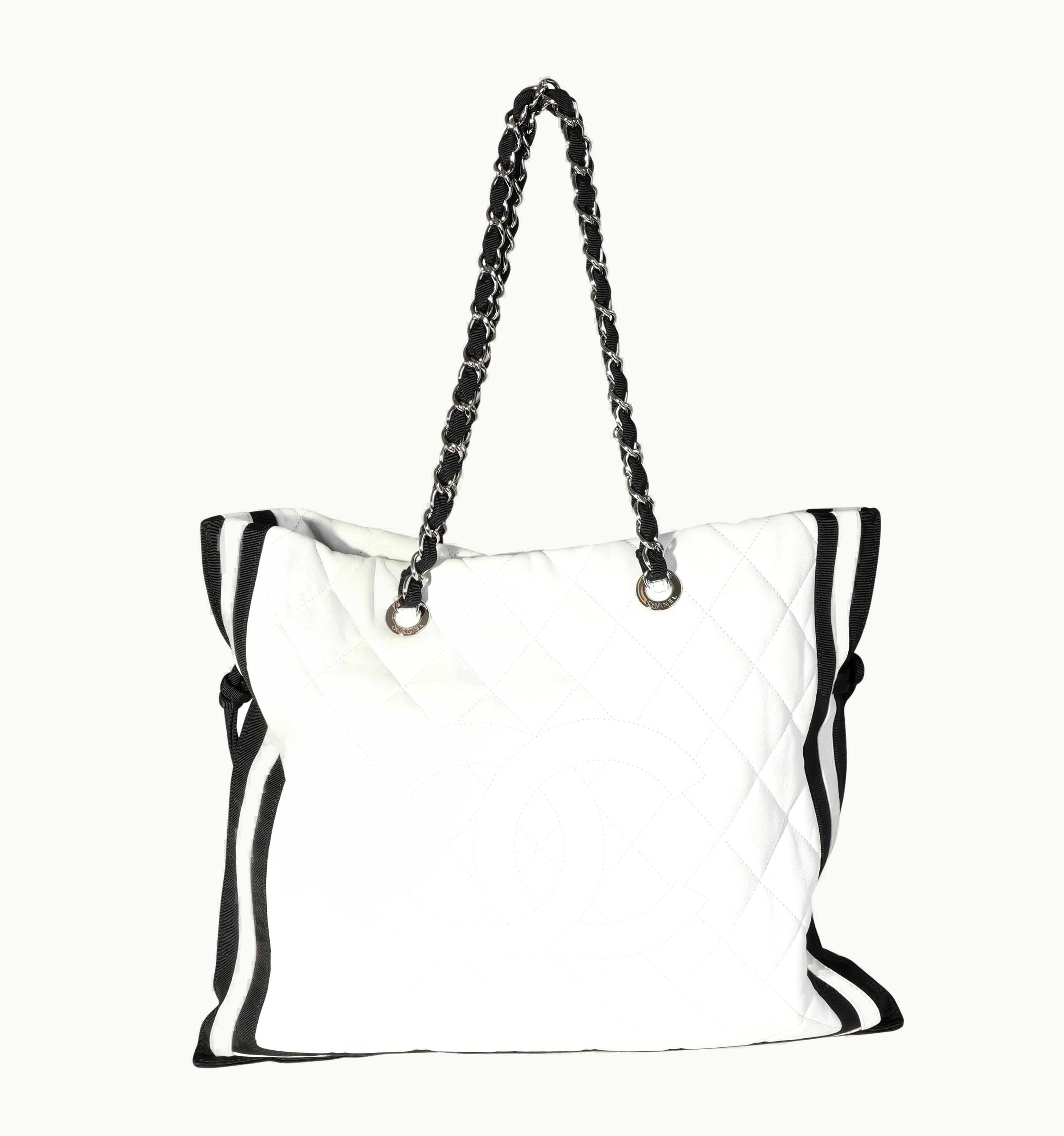 Chanel Chanel White Quilted Lambskin & Black Grosgrain Cc Drawstring Tote