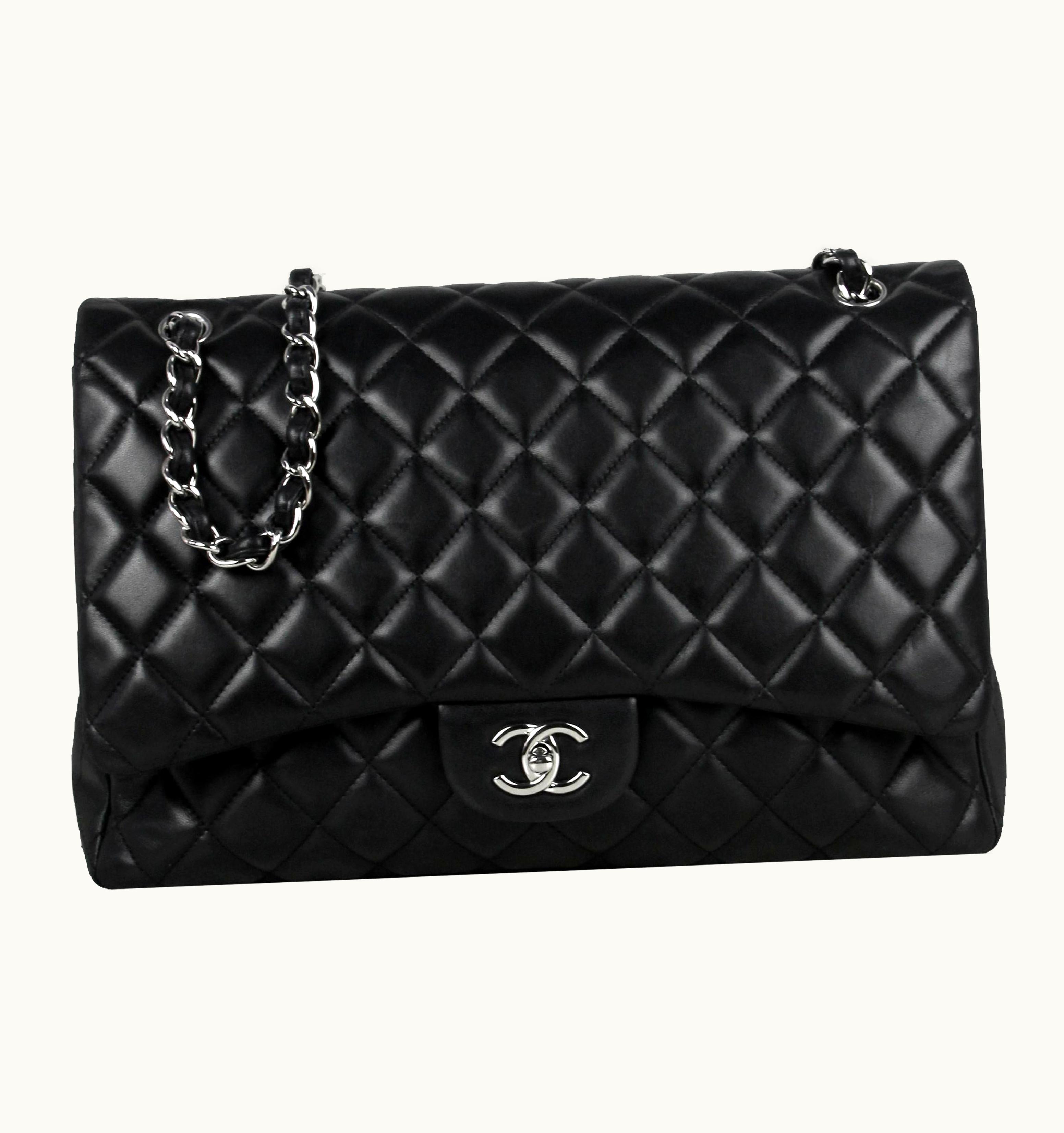 Chanel Chanel Black Lambskin Leather Quilted Single Flap Maxi Bag