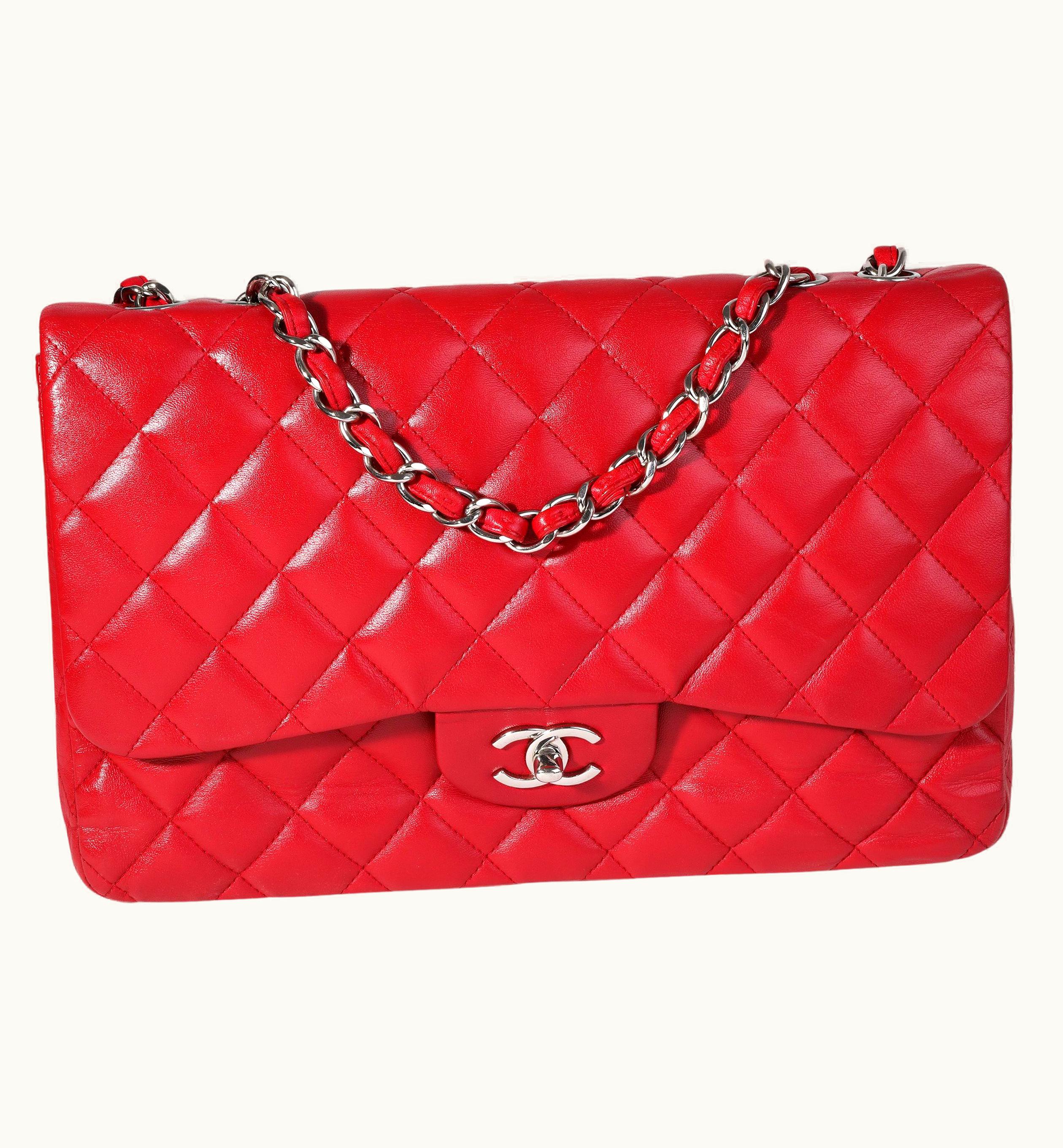 Chanel Chanel Red Quilted Lambskin Jumbo Classic Single Flap Bag