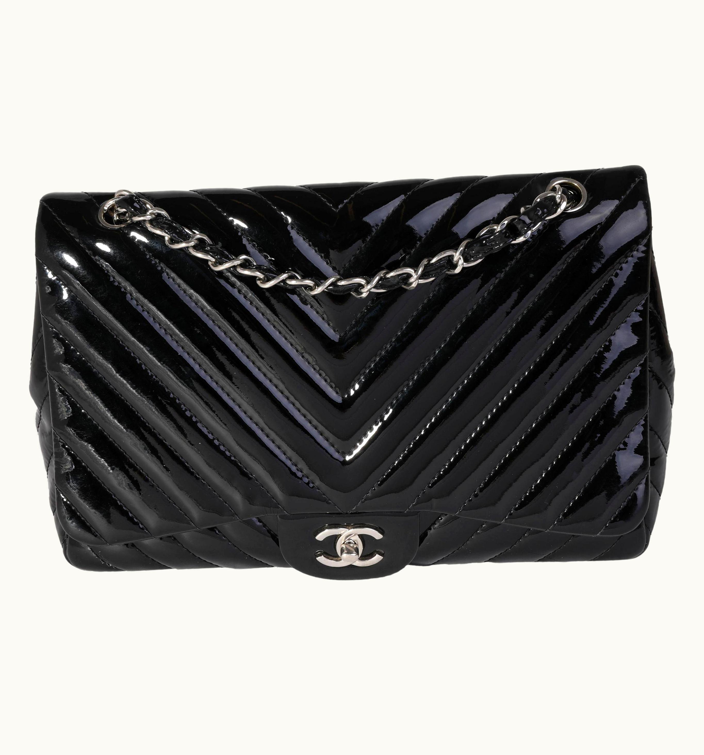 Chanel GLINT Jumbo Classic Single Flap Bag in Black Chevron Quilted Patent Leather