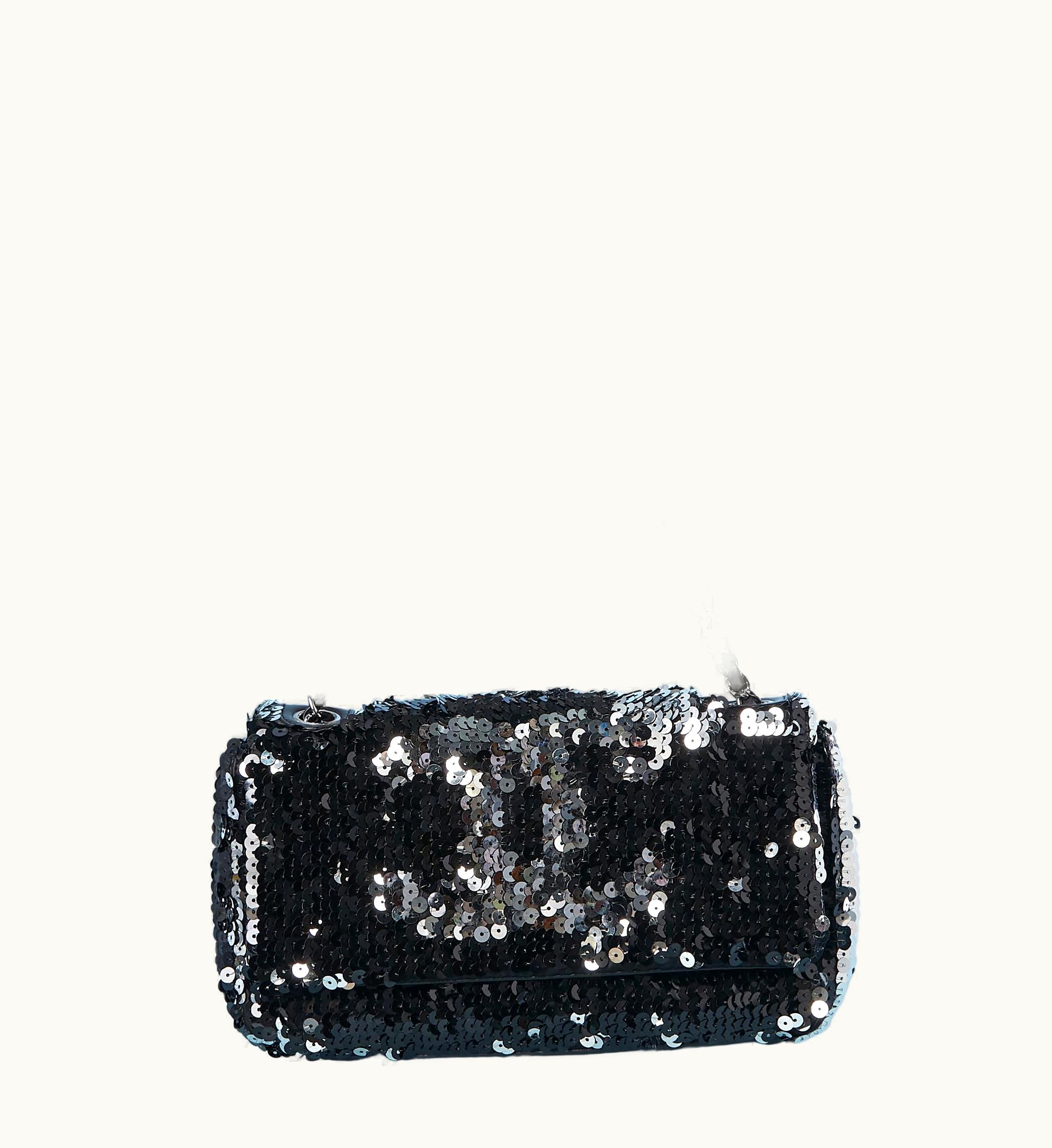 Chanel Evening Bag In Black And Silver Sequin, Leather And Chain Handle Chanel