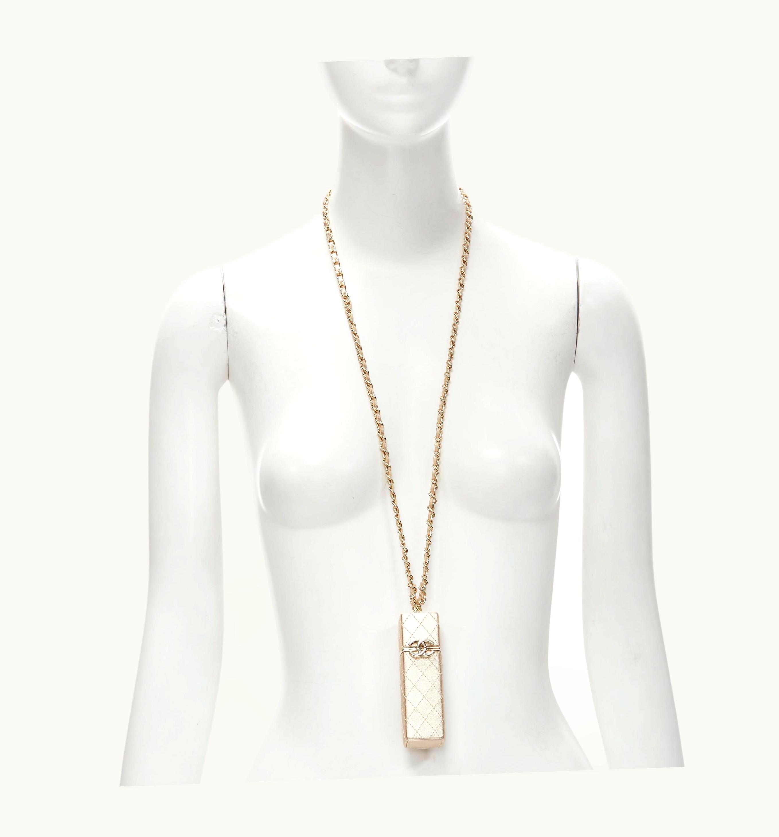 Chanel Rare Chanel 2021 Gold Diamond Quilted Lambskin Cc Chain Lipstick Case Holder