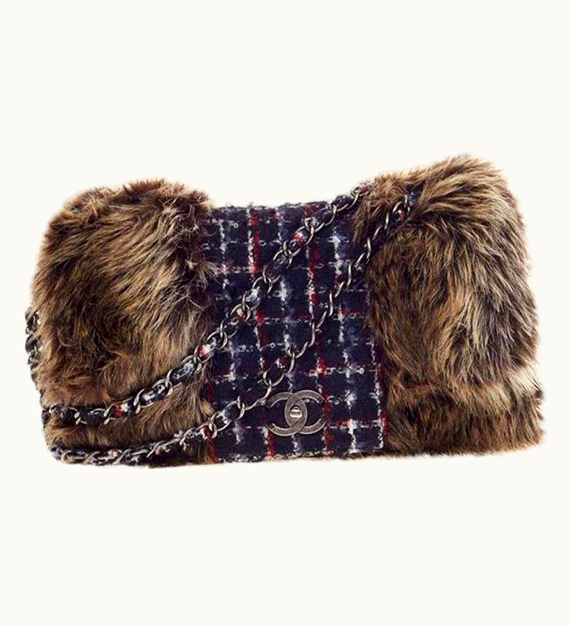 Chanel Chanel Classic Flap Xl And Maxi Jumbo Multicolor Faux Fur Tweed Shoulder Bag