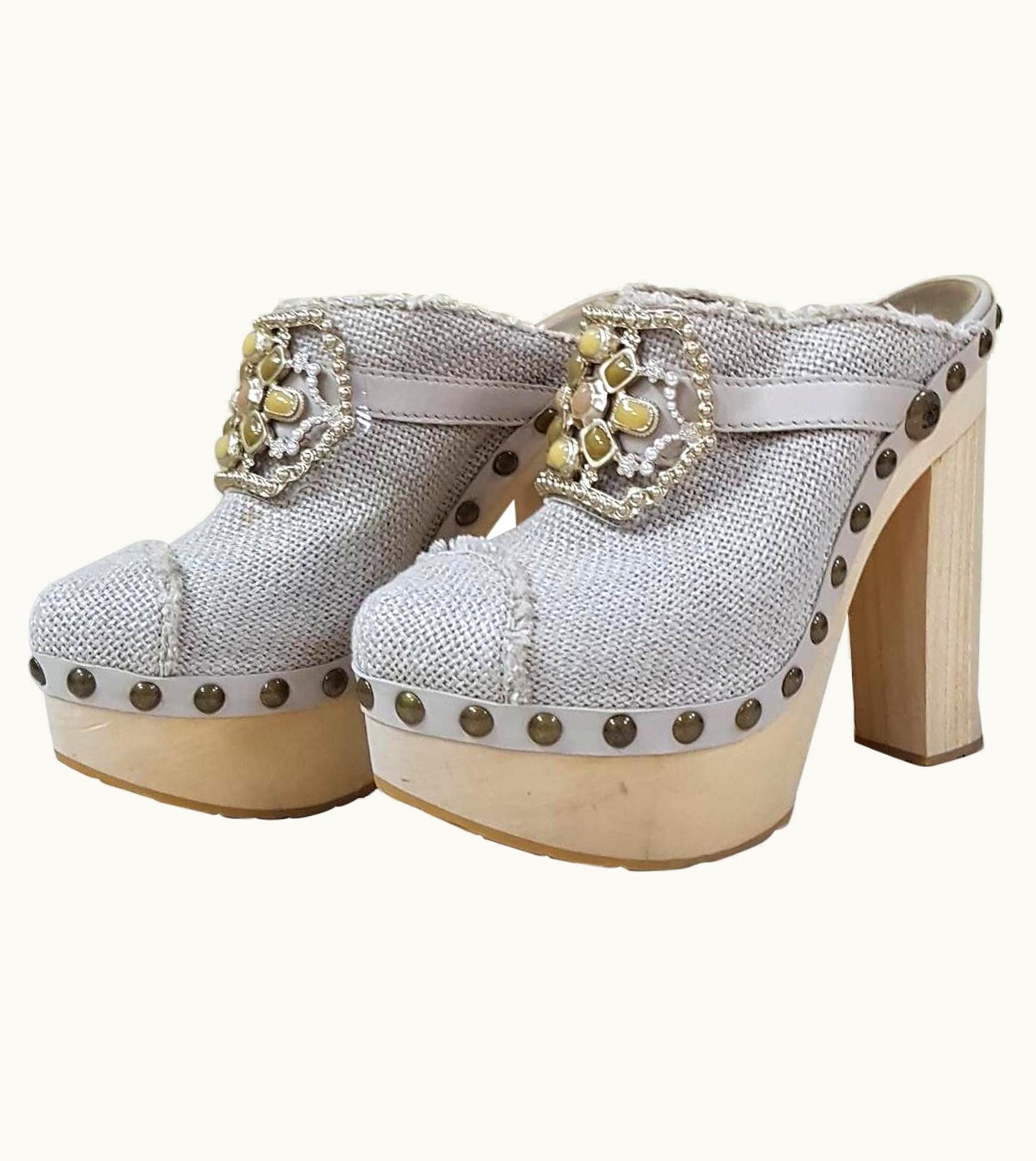 Chanel Chanel Beige Linen 10p Runway Jeweled Cabachon Crystal Pearl Clog