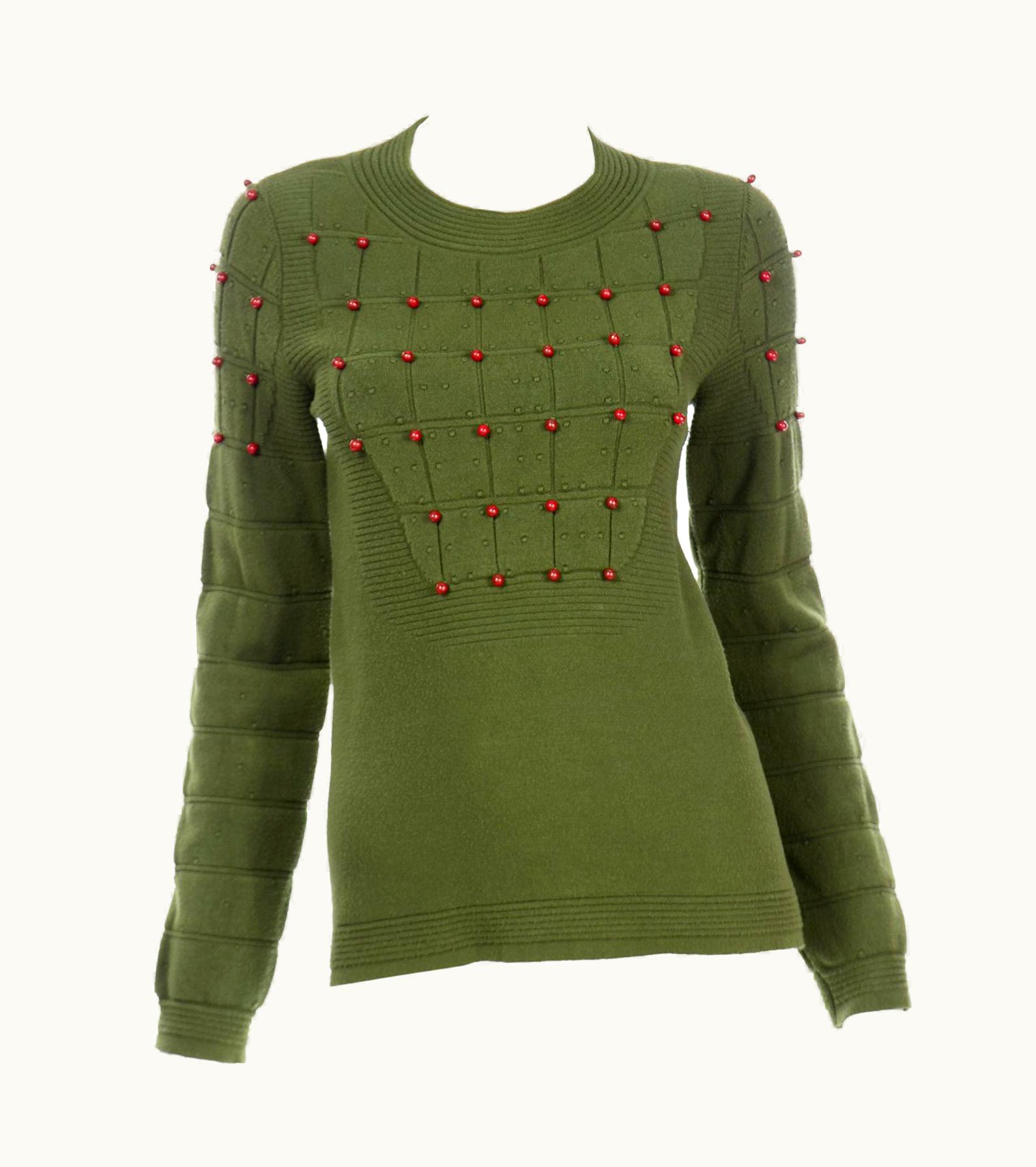 Chanel Chanel Cashmere Blend Textured Beaded Green Pullover 2010 Runway Sweater