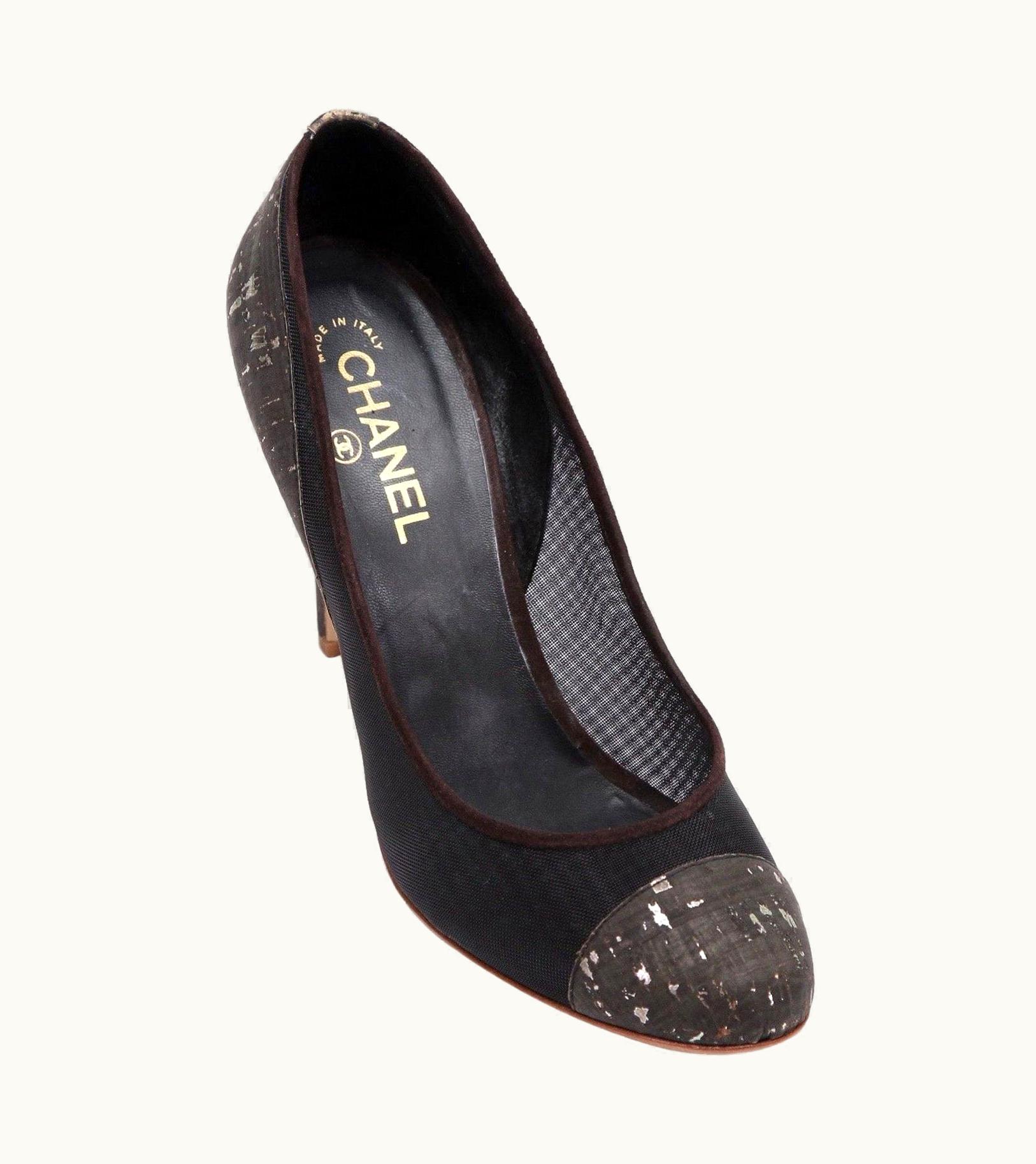 Chanel Chanel Pump Cork Mesh Brown Suede Gold Cc Leather Cap-Toe Heel