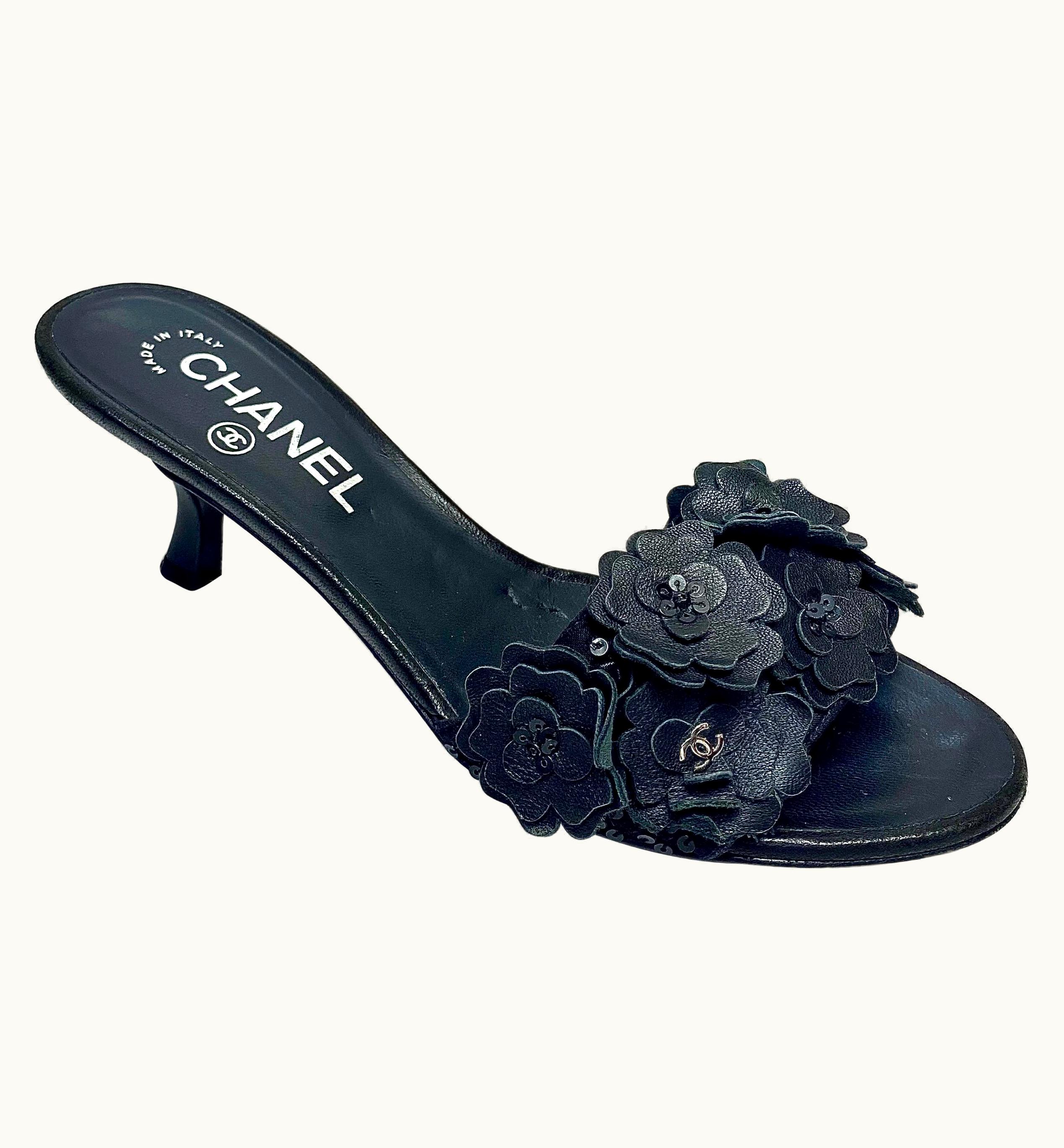 Chanel Chanel Black Multi Camelia Slides -