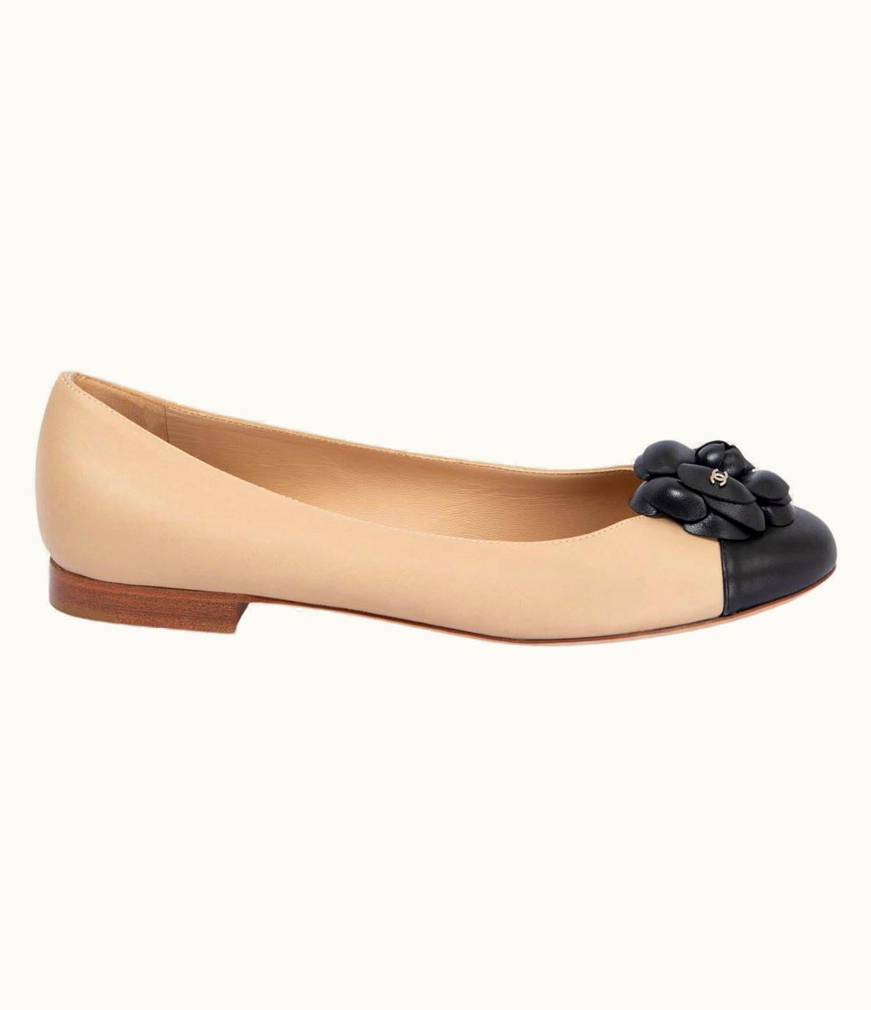 Chanel Chanel Beige & Black Leather Camellia Ballet Flats Shoes