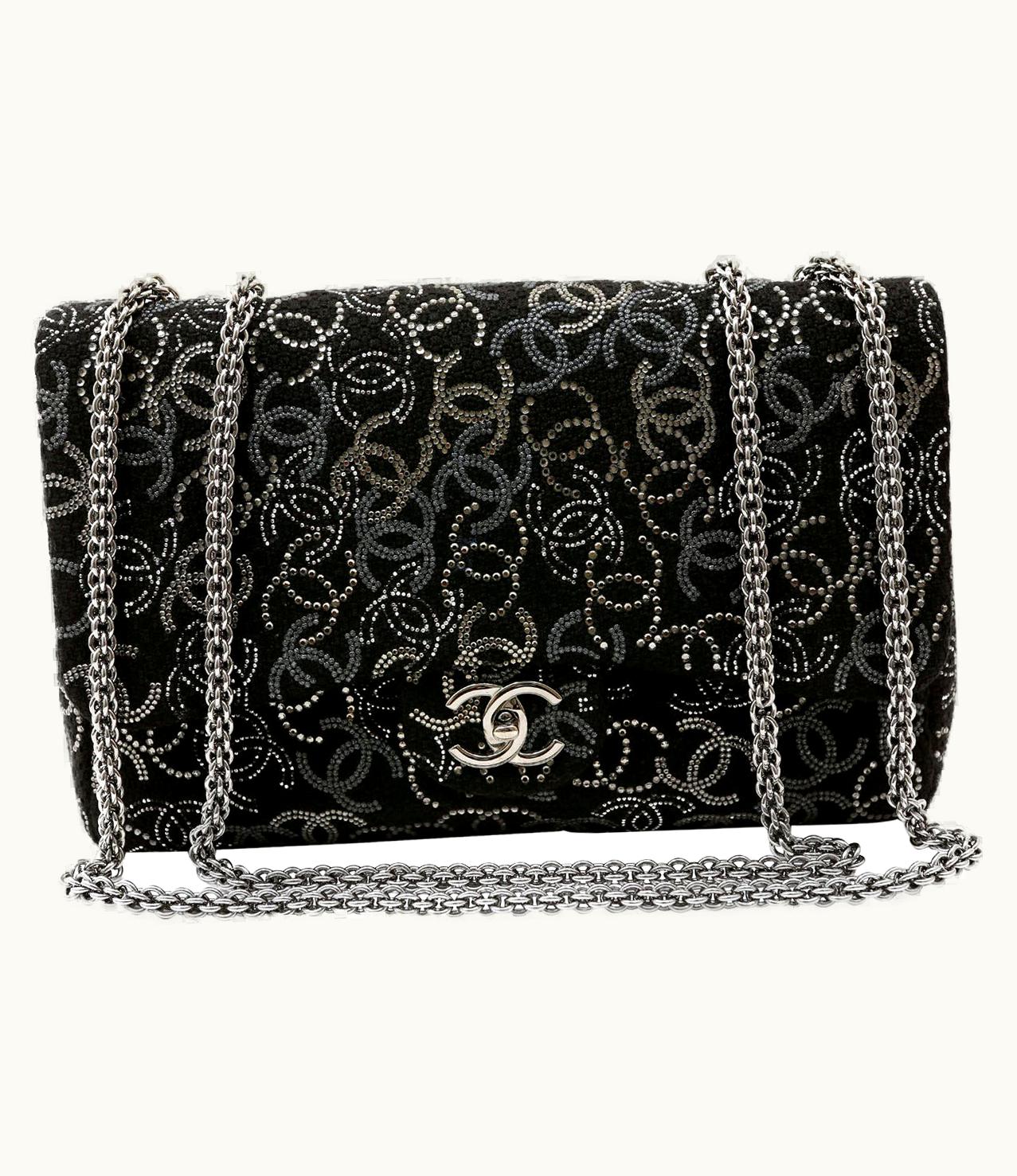 Chanel Chanel Black Tweed Swarovski Crystal Jumbo Classic Bag