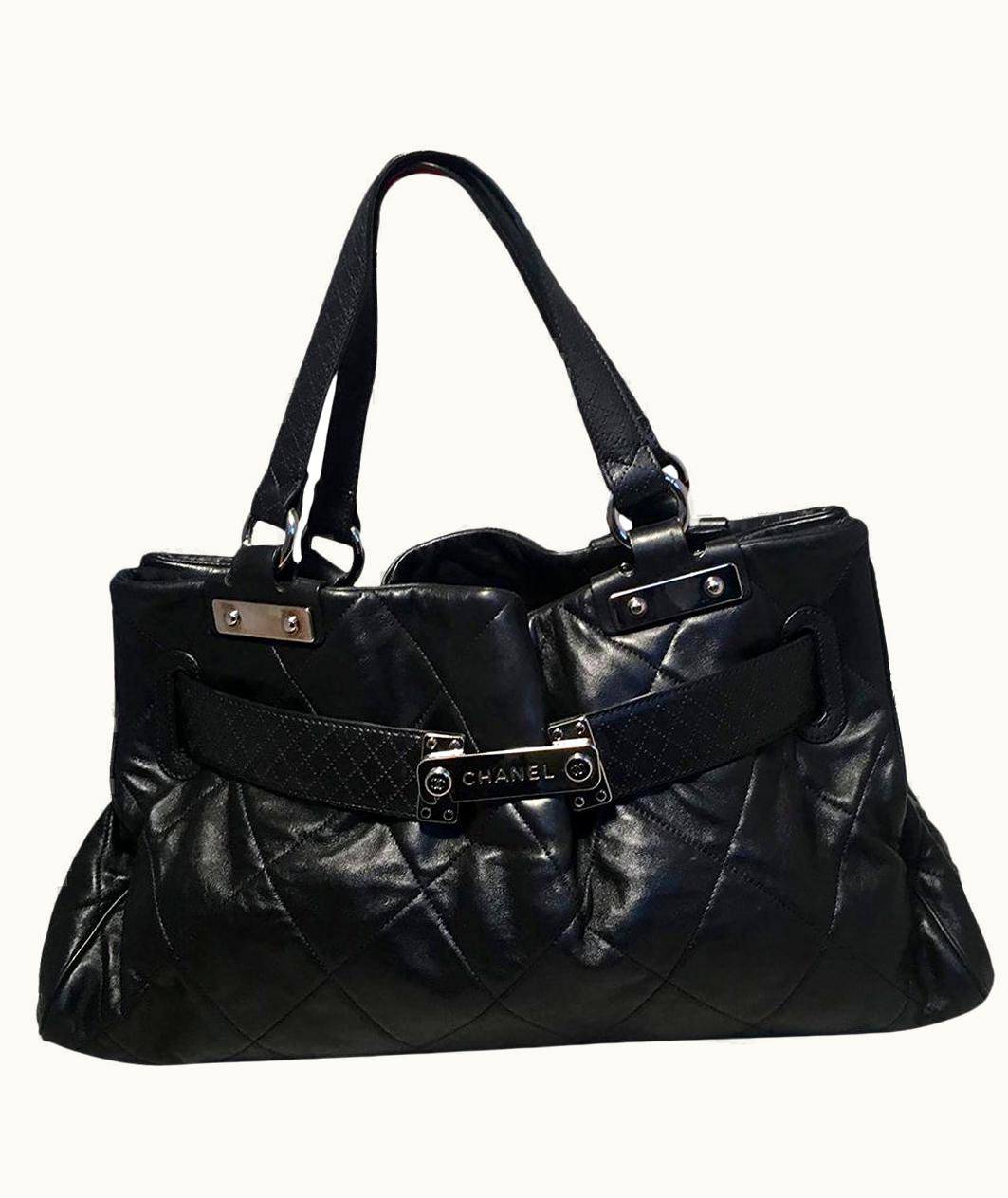 Chanel Chanel Quilted Black Leather Latch Front Tote Bag - Black Lambskin Silver GLINT Luxe Tote
